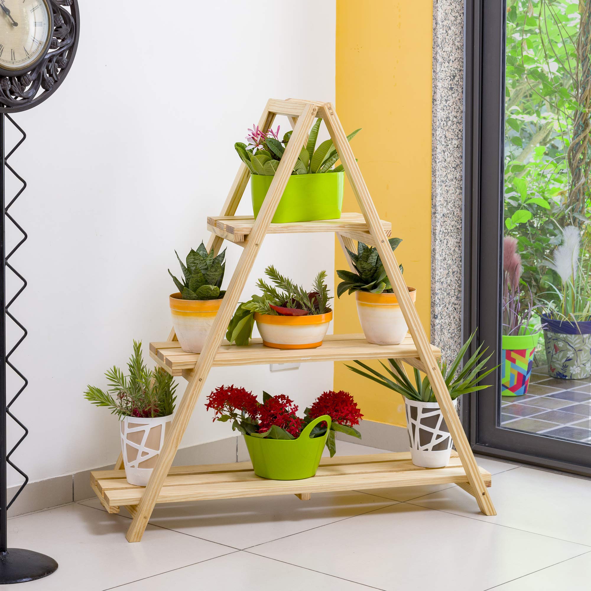 Sharpex Foldable Ladder Shelf, Plant Stand, Indoor Flower Pot Stand, Flower Pot Ladder, Folding A Frame Display Shelf, Free Standing, Patio Rustic Wood Stand With Shelves,3 Tier Stand Outdoor