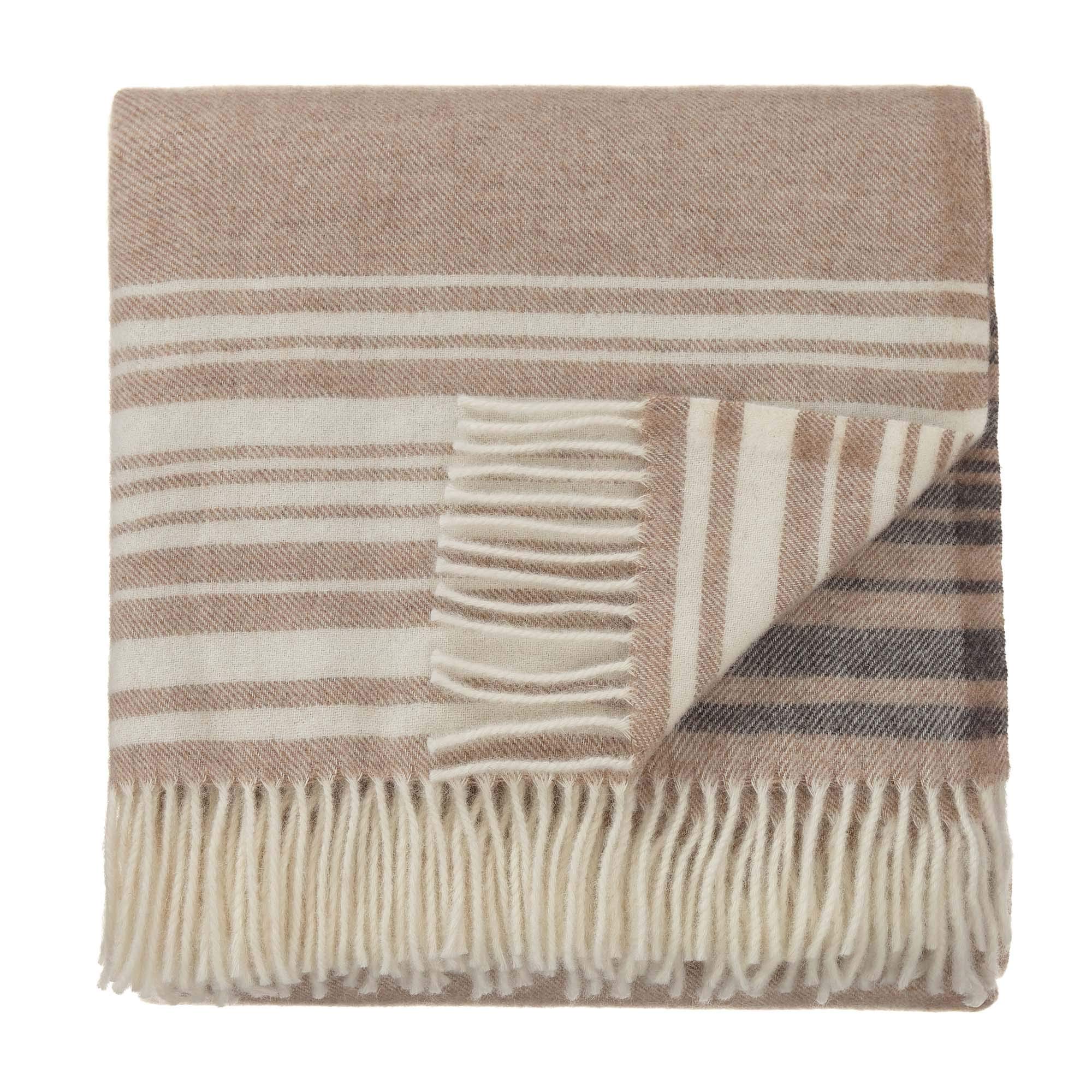 URBANARA Oroya blanket/throw - 50% alpaca / 50% merino wool - beige, dark brown and cream/dark brown stripes, 130x190 cm, warm wool-blanket with fringes, cuddly-blanket, snuggle-blanket