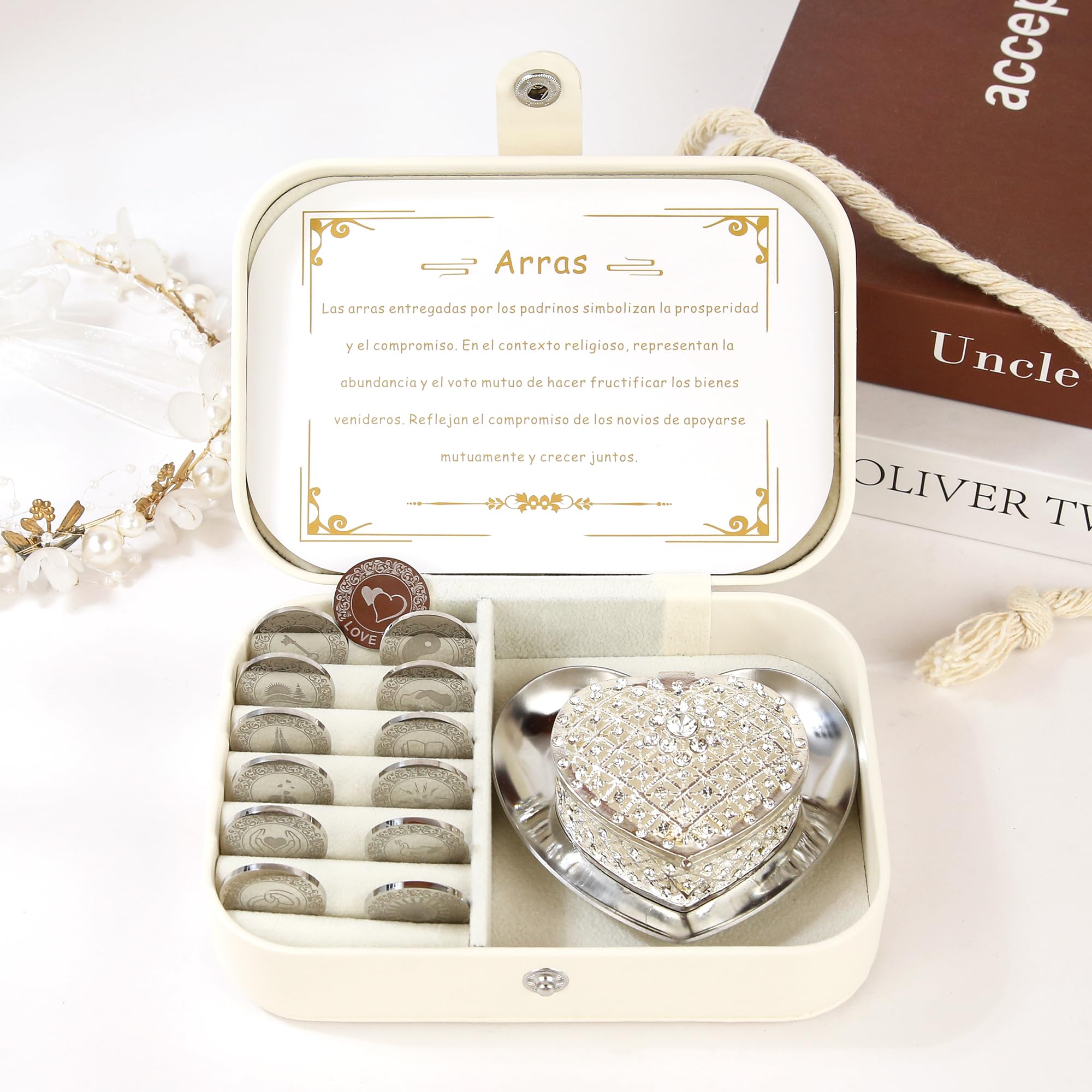 TINGKU Custom Wedding Coin Set - Arras para Boda Católica, 13 bendiciones únicas, caja de cuero de recuerdos de boda significativa-Silver Coins HB