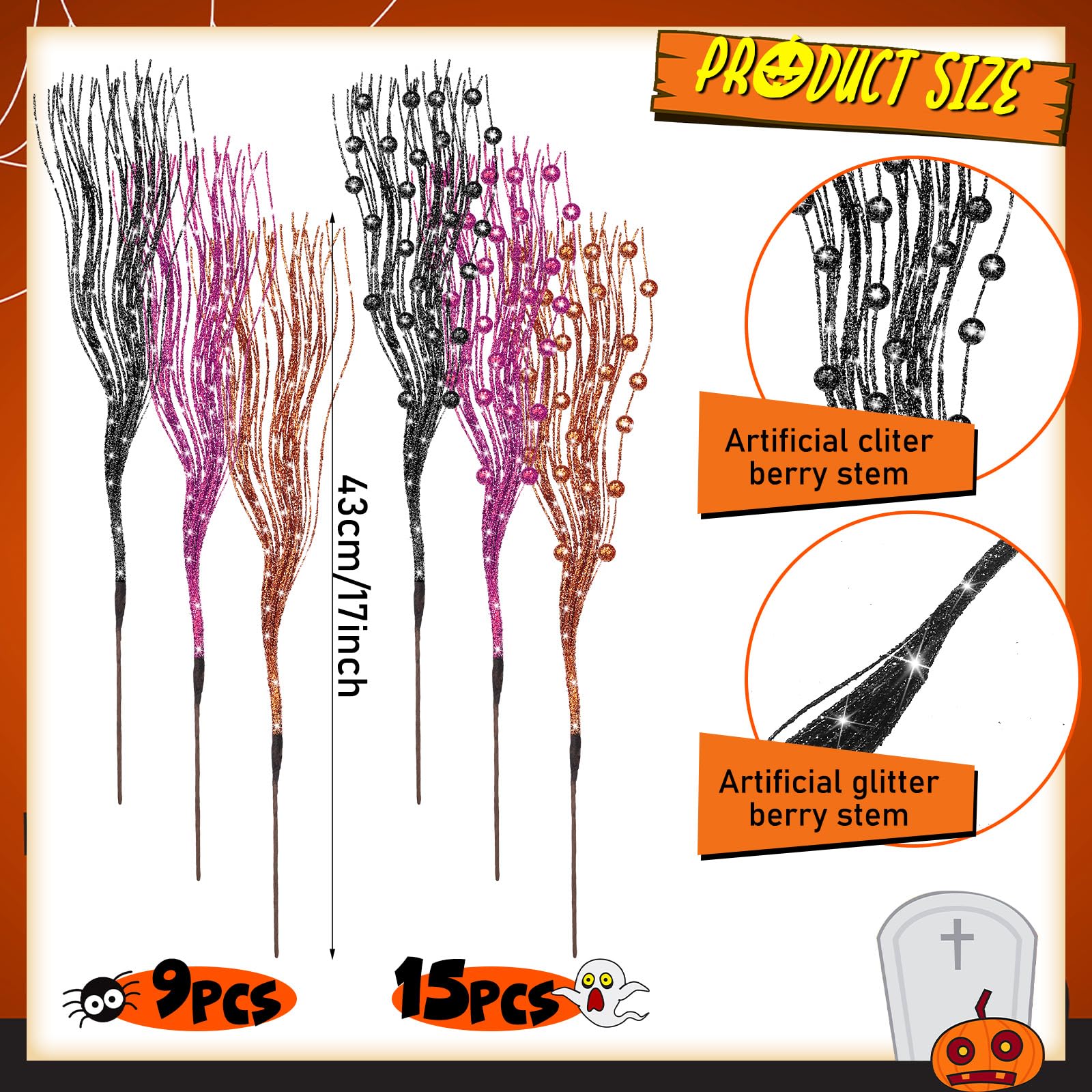 Giegxin 24 Pcs Artificial Glitter Berry Stem Ornaments 17 Inches Fake Halloween Picks Branches Decorative Glitter Sticks for Vase Christmas Tree DIY Wreath Crafts Fireplace(Black, Purple, Orange)