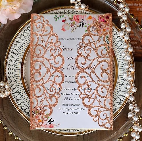 Miniatura 1 de 50sets Invitaciones Matrimonio Láser Oro Azul Plata Glitter Papel Corte Láser Invitación de Boda con Cinta Decoración de Boda (solo tarjetas de