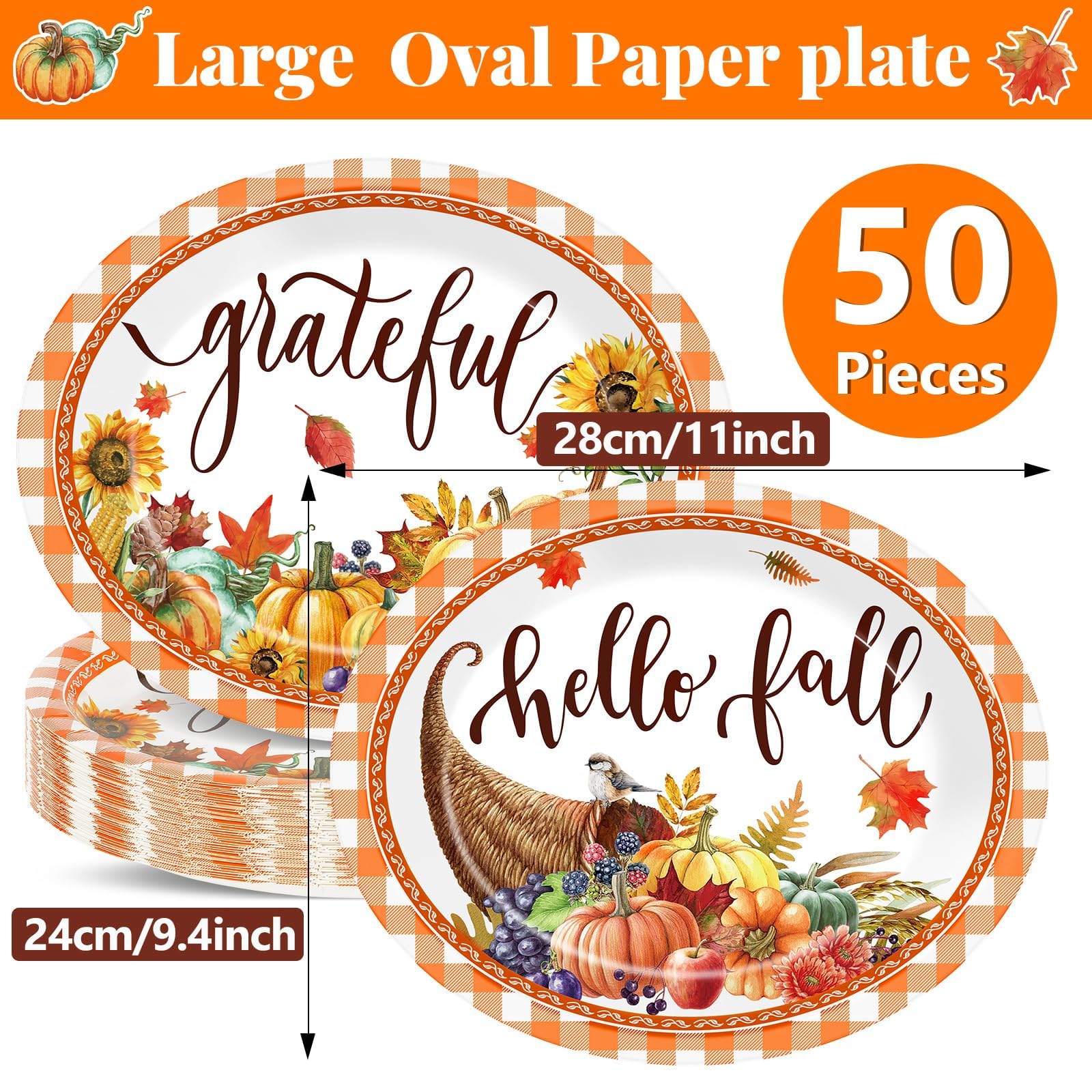 50 PCS Thanksgiving Paper Plates Fall Oval Paper Plates Pumpkin Orange Plaid Disposable Supplies Harvest Rustic Farmhouse Tableware Autumn Oval Dinnerware Set for Dinner Kitchen Party Decorations