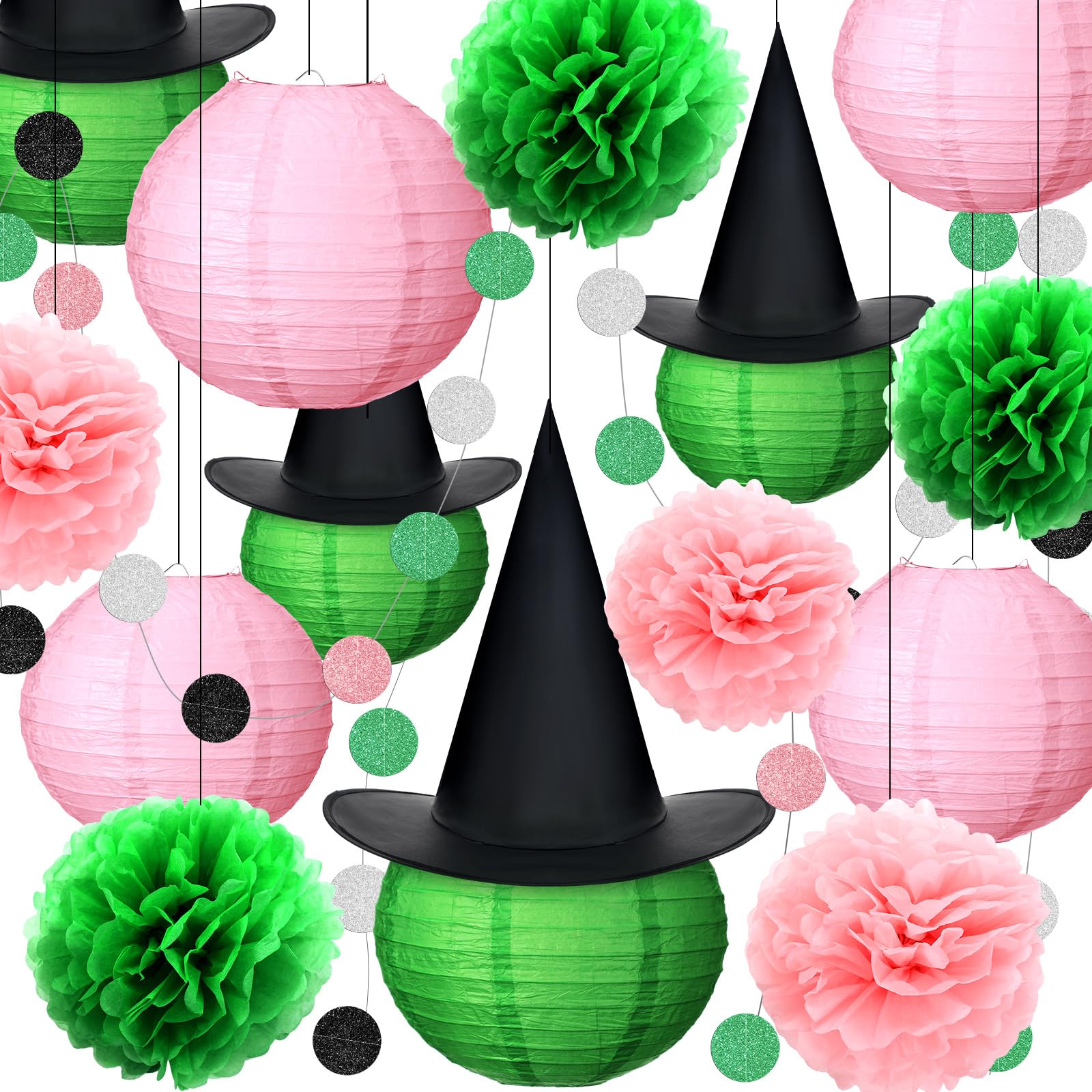 Rossesay DIY Witch Party Decorations Set 10 Inch Green and Pink Paper Lanterns Hanging Pom Poms Hats Witch Princess Theme Garland for Enchanted Birthday Cosplay Fantasy Celebrations