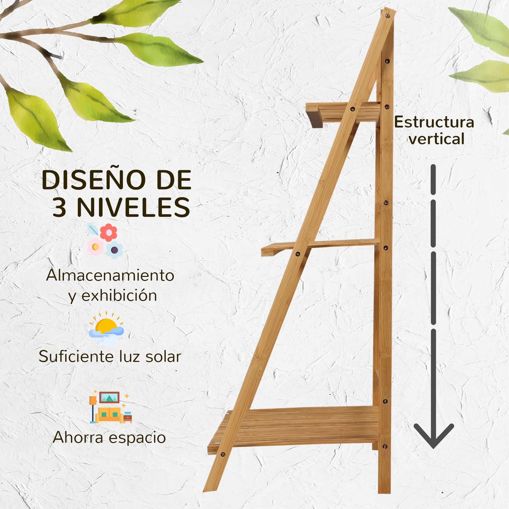 Outsunny Estantería para Plantas 3 Niveles Plegable 100x39x97 cm Natural | Bambú, Soporte para Flores, Estantería para Macetas, para Interiores y Exteriores