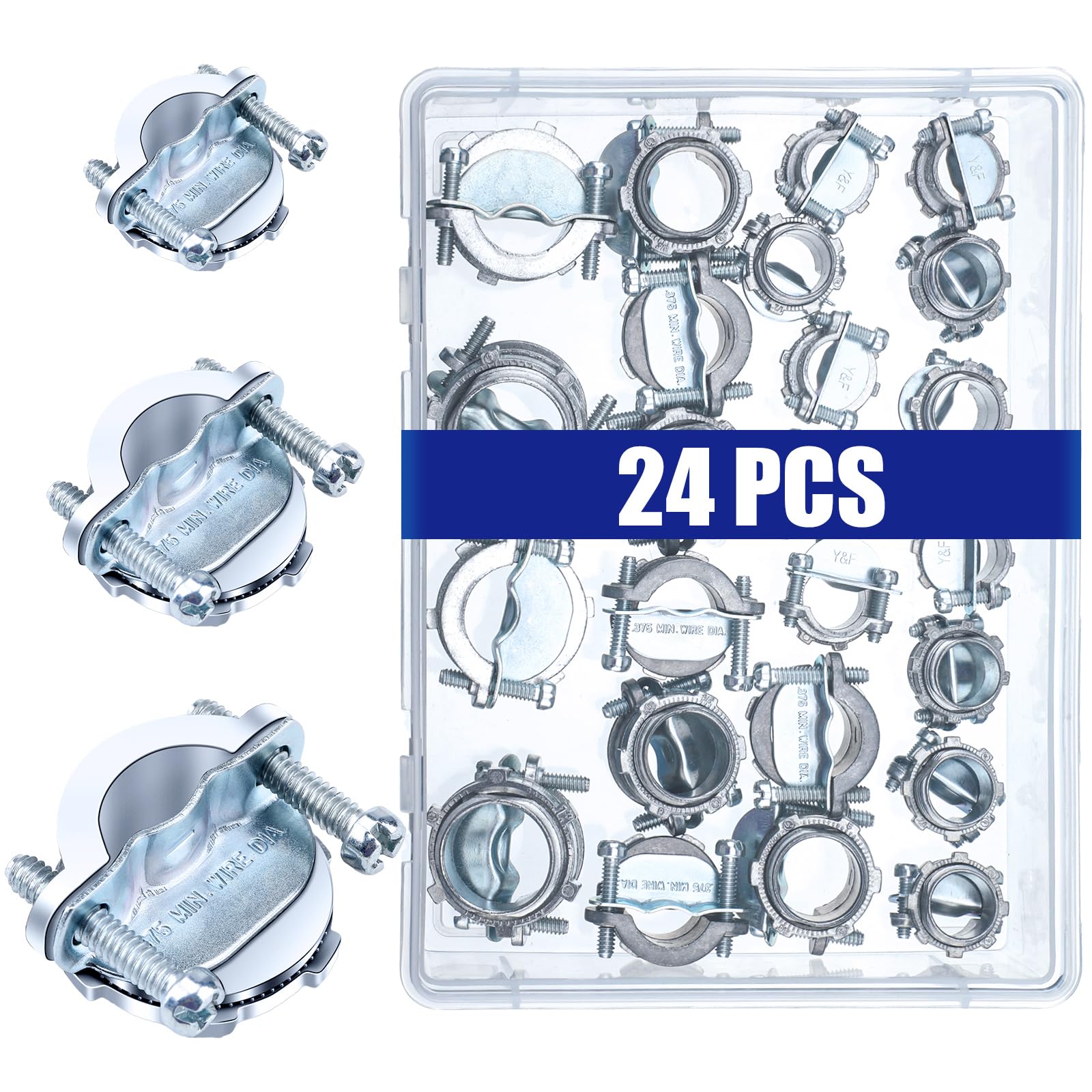Hicarer 24 Pcs Clamp Type Cable Connectors 1" 3/4" 3/8" Electrical Box Connectors Wire Clamp for Metallic Conduit Protect Cables Silver, Zinc Alloy