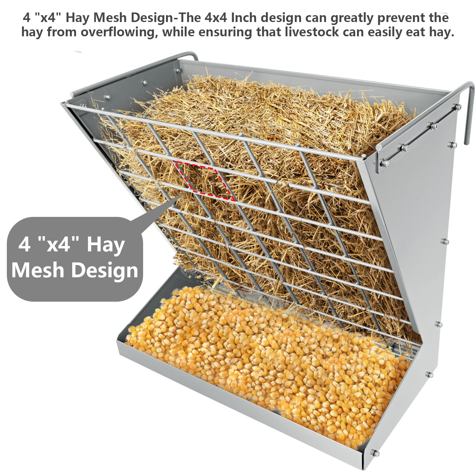 Wall Mount Hay Rack, Heavy-Duty Galvanized Metal 2 in 1 Hay and Grain Feeder, Livestock Feeder with Adjustable Distance, Hay Feeder for Goats, Sheep, Horse - image 5