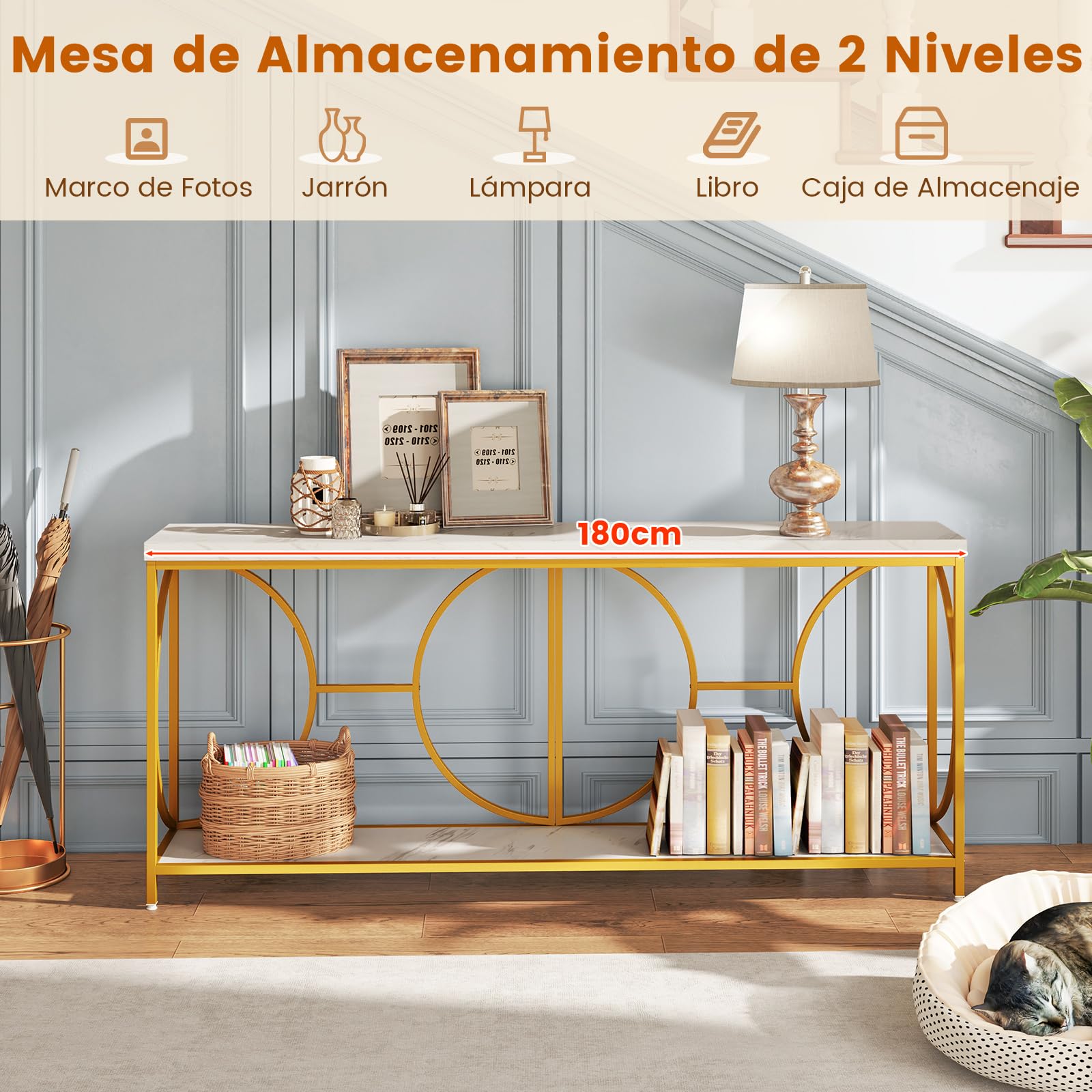 COSTWAY Mesa Consola de 2 Niveles con Superficie de Mármol Falso, Entrada Recibidor, Marco de Metal Resistente, Mesa Auxiliar Larga para Sofá, Mesa de Acento Moderna con Estante, 180 x 30 x 80 cm