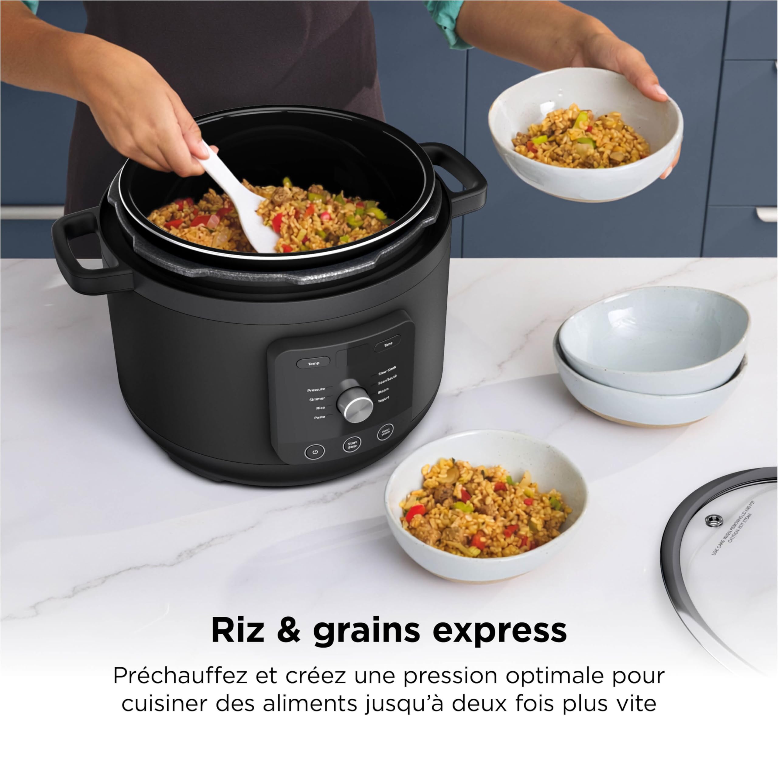 Ninja HyperHeat Autocuiseur Électrique, Mijoteuse, Cuiseur à Riz 9-en-1 de 6 l avec Grille de Cuisson Vapeur et Cuve de Cuisson Amovible Lavable au Lave-Vaisselle, Pour le yaourt, le Riz, Noir PC201EU