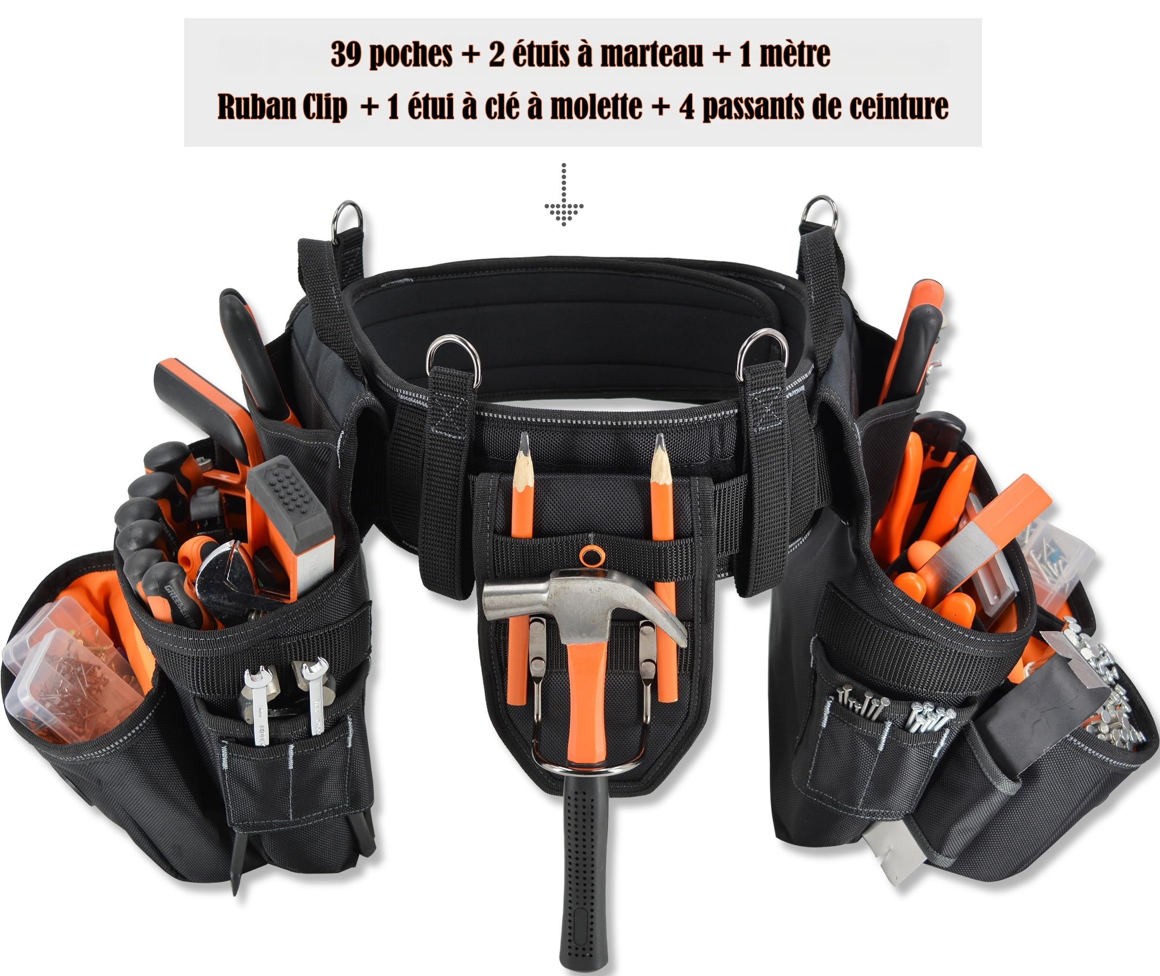 WELKINLAND Ceinture à outils avec 39 poches pour homme, avec bretelles, rembourrée de 10,2 cm, noire avec orange, taille unique (96,5-121,9 cm)