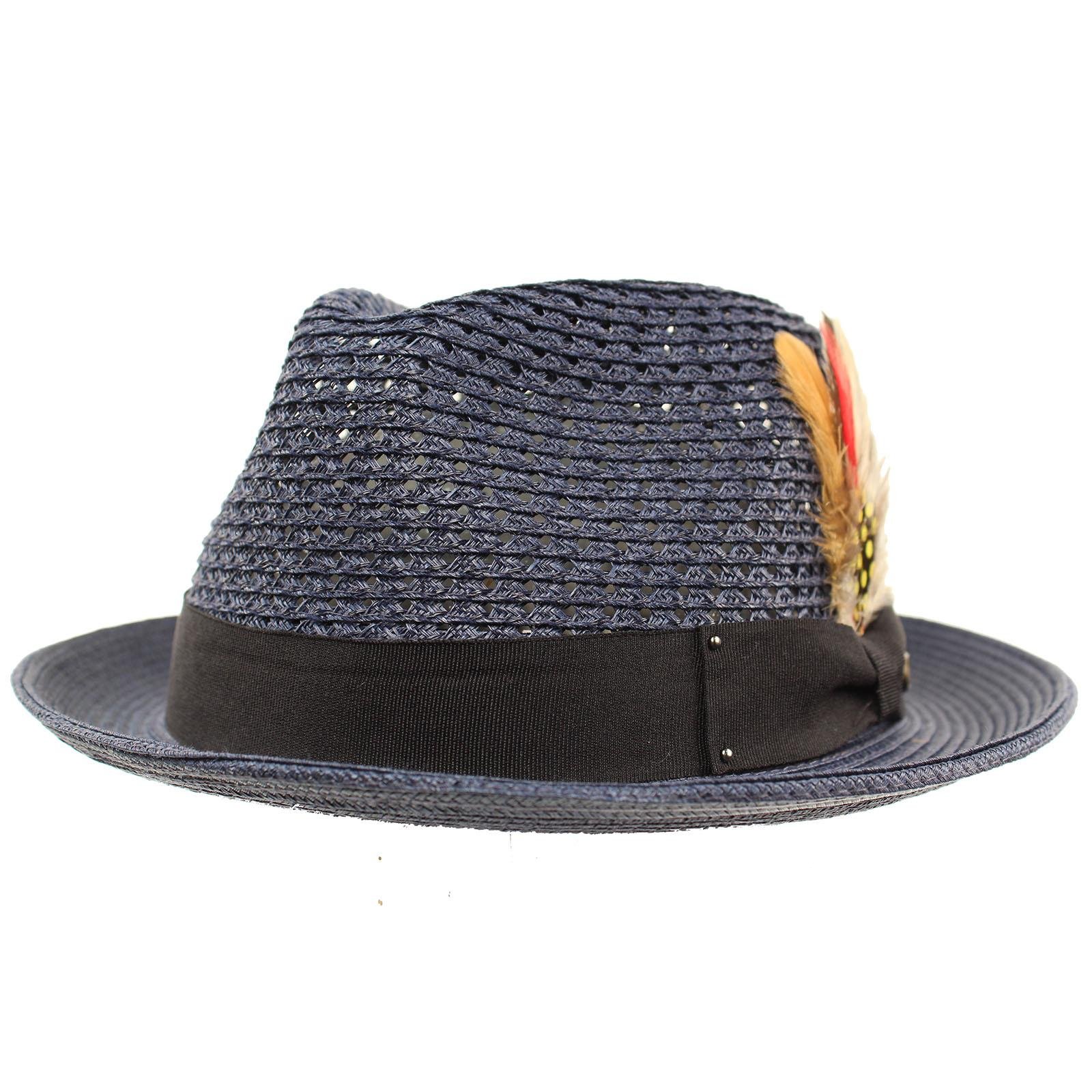 Men's Light Vented Removable Feather Derby Fedora Curled Brim Hat L/XL Navy