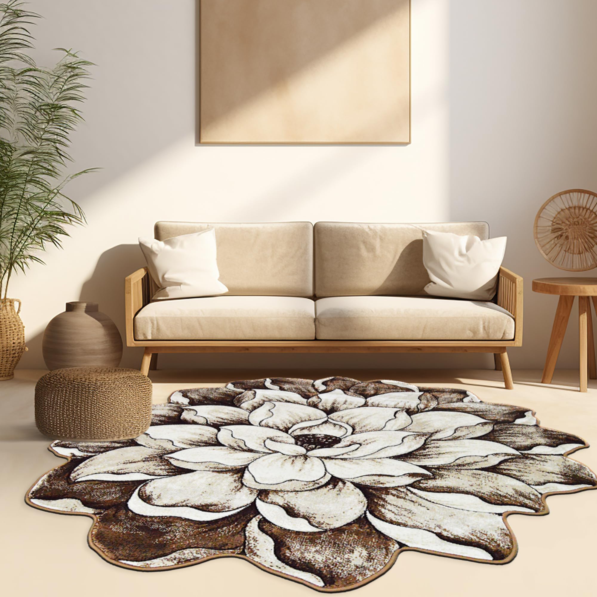 Flower Rug 2ft Round Area Rugs Cute Plush Flower Shaped Rug Circle Girly for Bedroom Floor Living Room Carpet 301 Brown