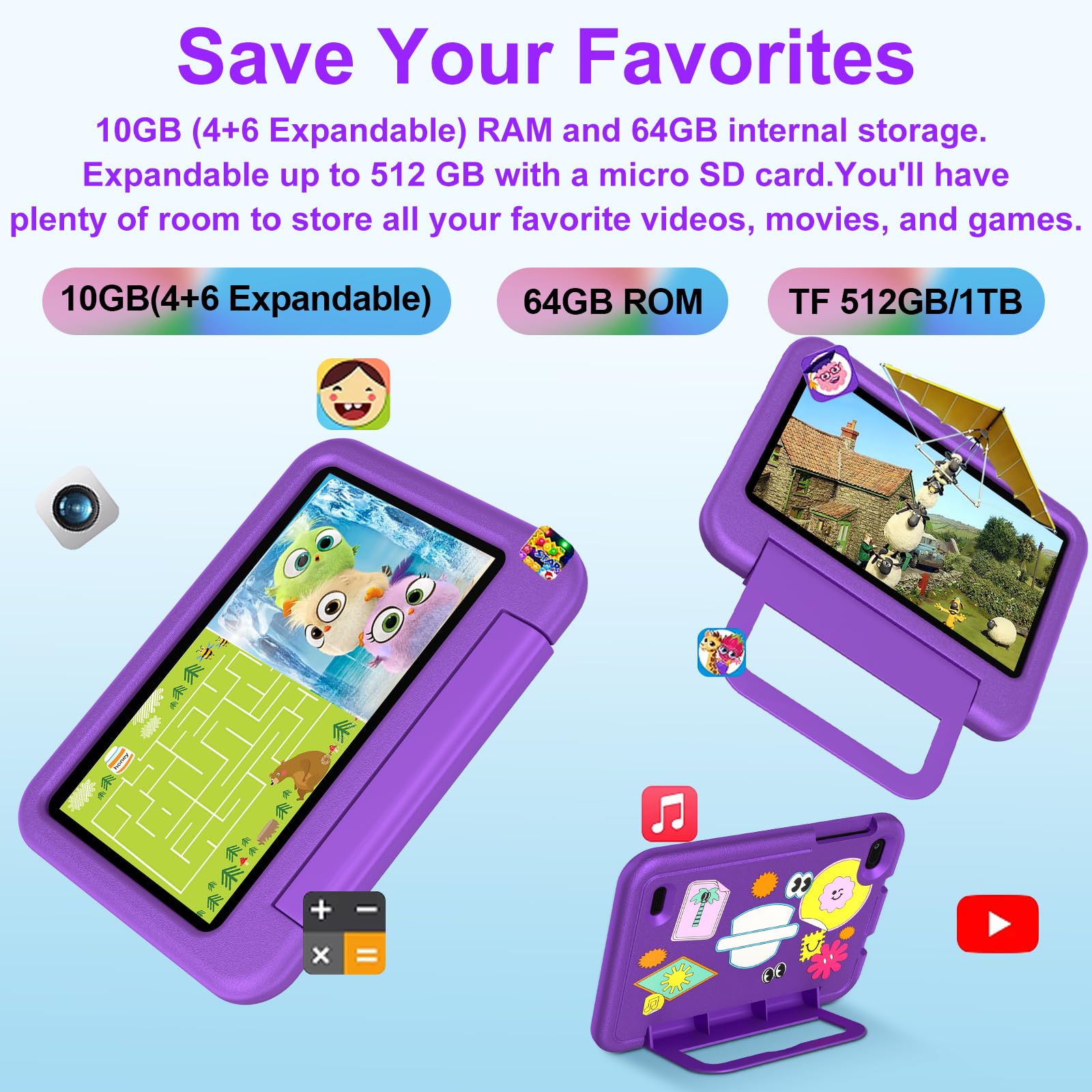DEERTiME Tablet Andorid 14 Bambini 7 Pollici 10GB RAM + 64GB ROM (TF 1TB), WiFi 6, BT5.0, Octa-Core, Controllo Parentale | Doppia Fotocamera | GMS Certificated | GPS | Tablet con Custodia EVA - Viola