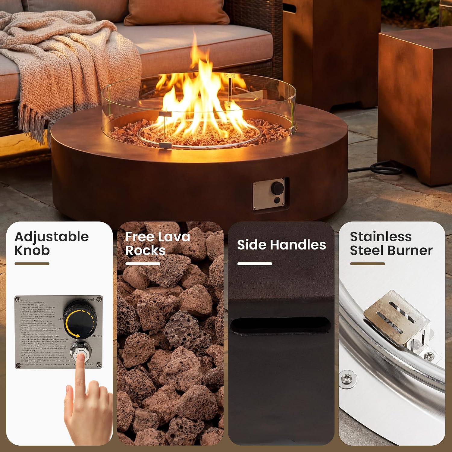 COSIEST 2-Piece Outdoor Propane Firepit Table Set w Tank Table, 42 inch Dark Fire Table Certified, 50,000 BTU w Bronze Round Base,Wind Guard and 16 inches Tank Side Table 20lb for Garden,Pool
