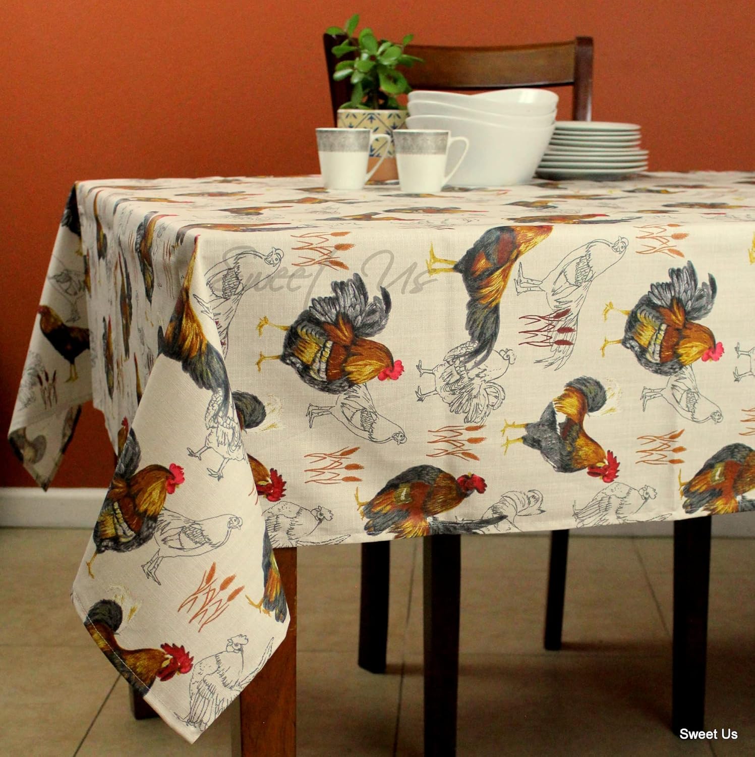 Sweet Us Elysée Rooster Wipeable Tablecloth Spill Resistant Acrylic Coated, Floral Cotton French Provencal Tablecloth for Rectangle Tables, Table Cover for Indoor and Outdoors, Ecru, 60 x 78 in