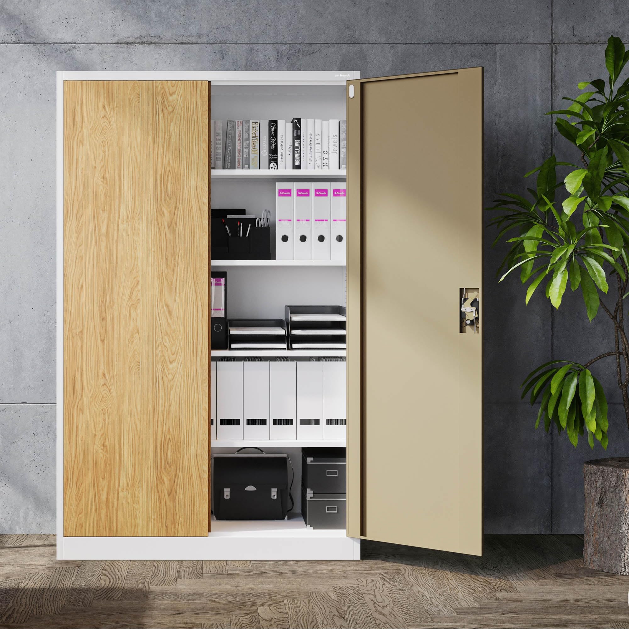 Jan Nowak Armoire de Bureau métallique verrouillable avec 4 étagères réglables pour dossiers et Archives en Acier Robuste 115 x 185 x 40 cm Blanc Chêne doré