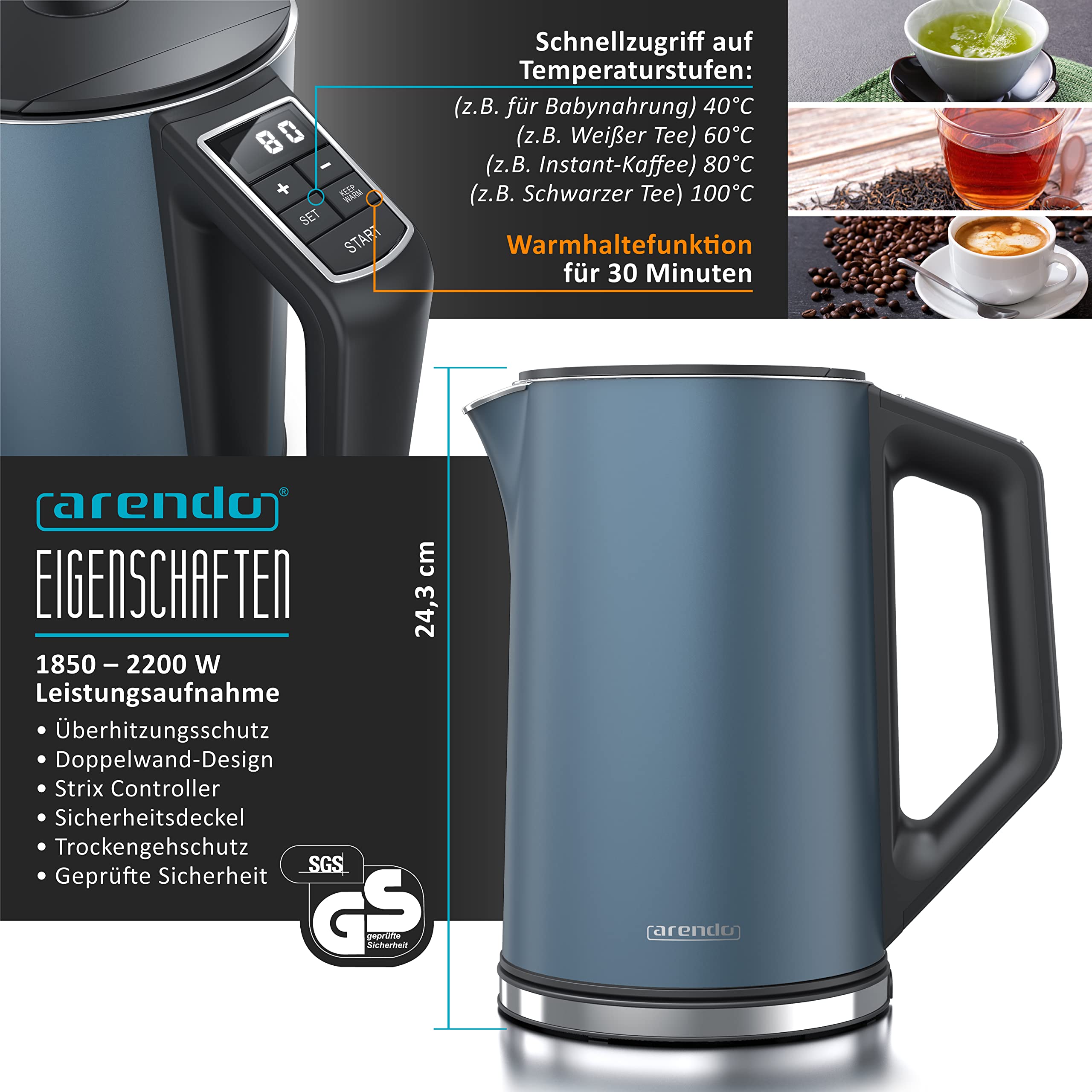 Arendo Wasserkocher Toaster SET Edelstahl Blau 1,5L 40-100°C 4 Scheiben LED-Display