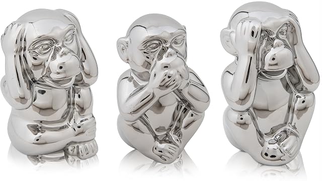 Chiccie The Three Wise Monkeys - Silver Ceramic 14 cm - See Nothing Say Good Luck Charm Sculpture Figures