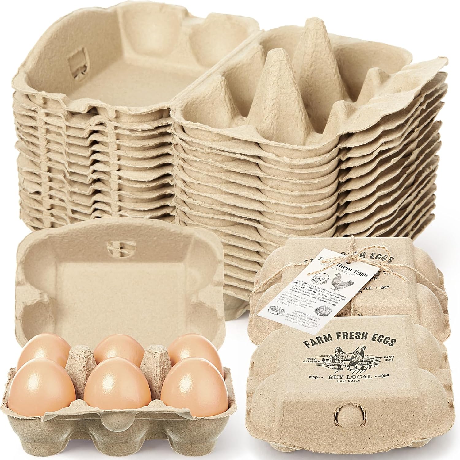 LemonRoad 100 Pack Egg Cartons Bulk 6 Count Half Dozen Holds Cardboard Natural Paper Pulp Egg Cartons Reusable with Instruction Cards Jute Rope Empty Tray Holder for Family Farm Market Storing