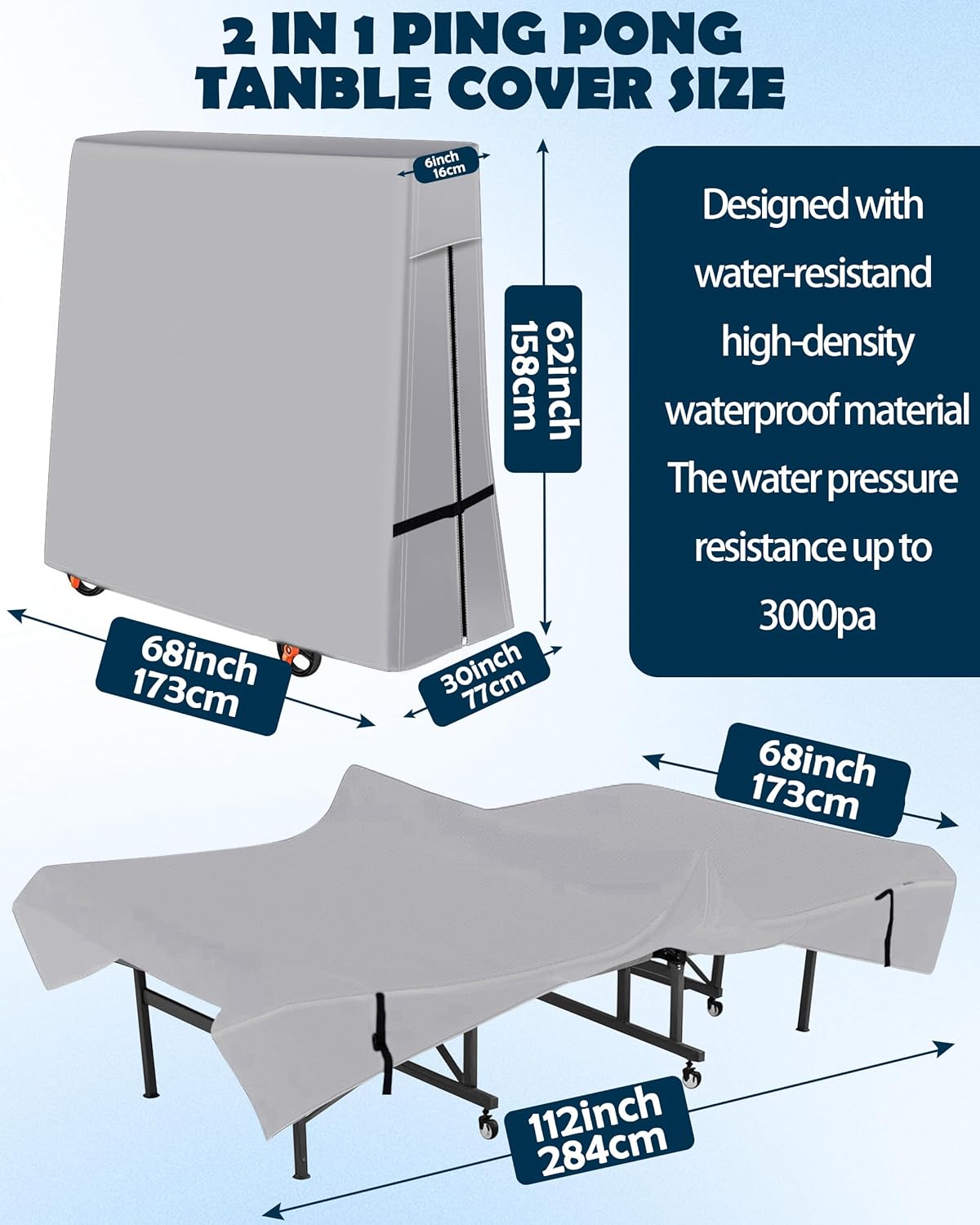 Outdoor Ping Pong Table Cover, 600D Waterproof Sunproof Indoor & Outdoor Fits Universal Folding Tables and Flat 9x5 FT Tables Tennis