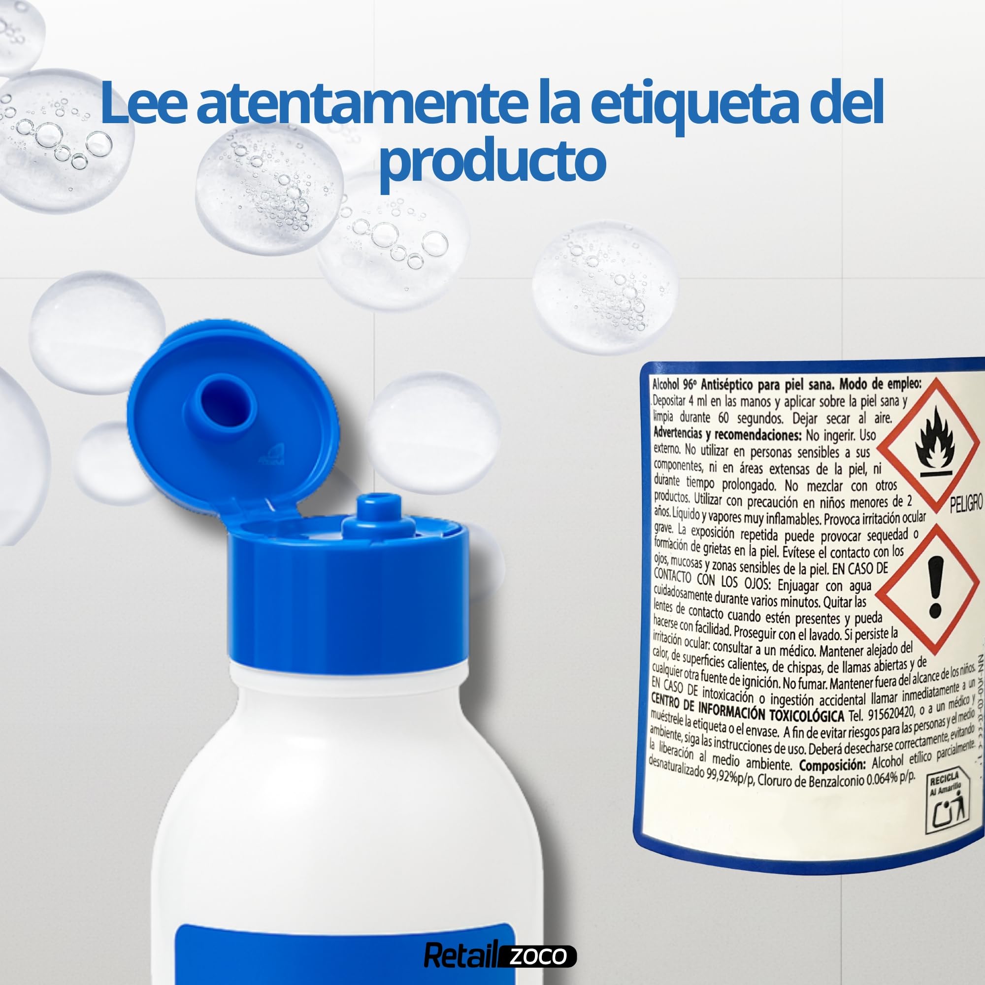 Alcohol 96º, Etanol 96, Alcohol etílico desinfectante manos antiséptico, Ethyl alcohol ethanol, Alcohol sanitario para heridas, Alcohol farmacia, Tapón seguridad, Concentración 96º, Contiene 1000 ml