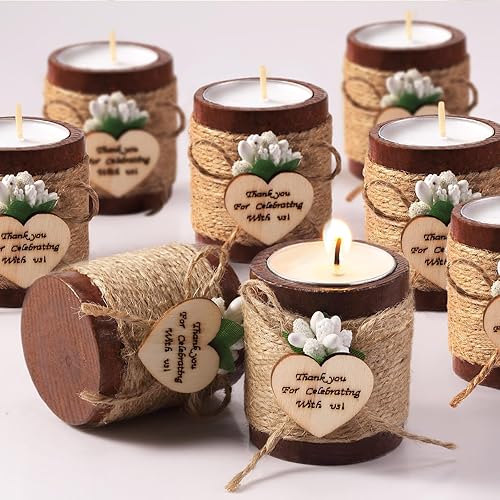 Treela Portavelas de madera, 12 portavelas de madera para despedida de soltera, portavelas cilíndricos de madera rústica con velas de té para bodas,