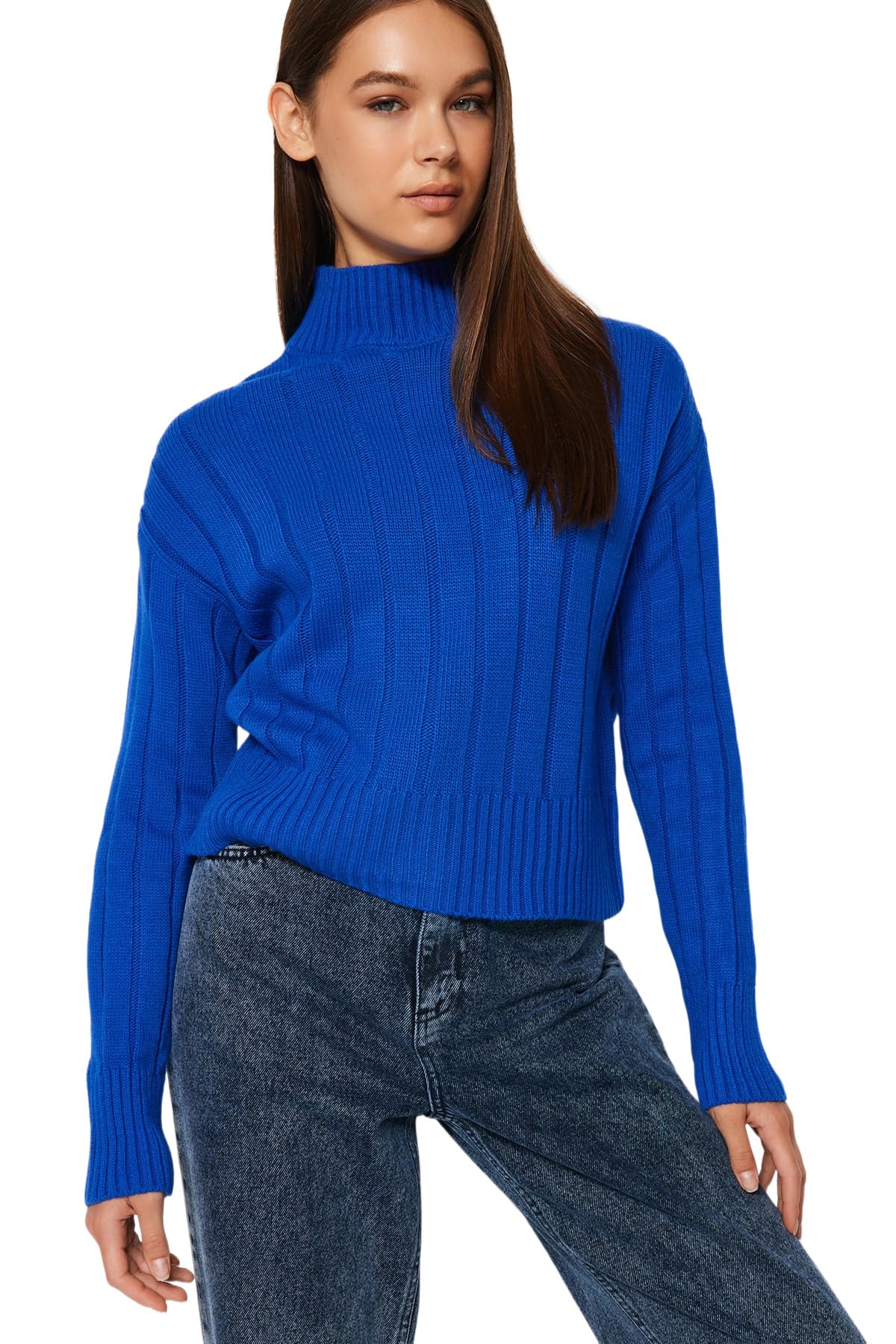 Trendyol Damen Regular fit Basic Standing Collar Knitwear Sweater,Sax,M