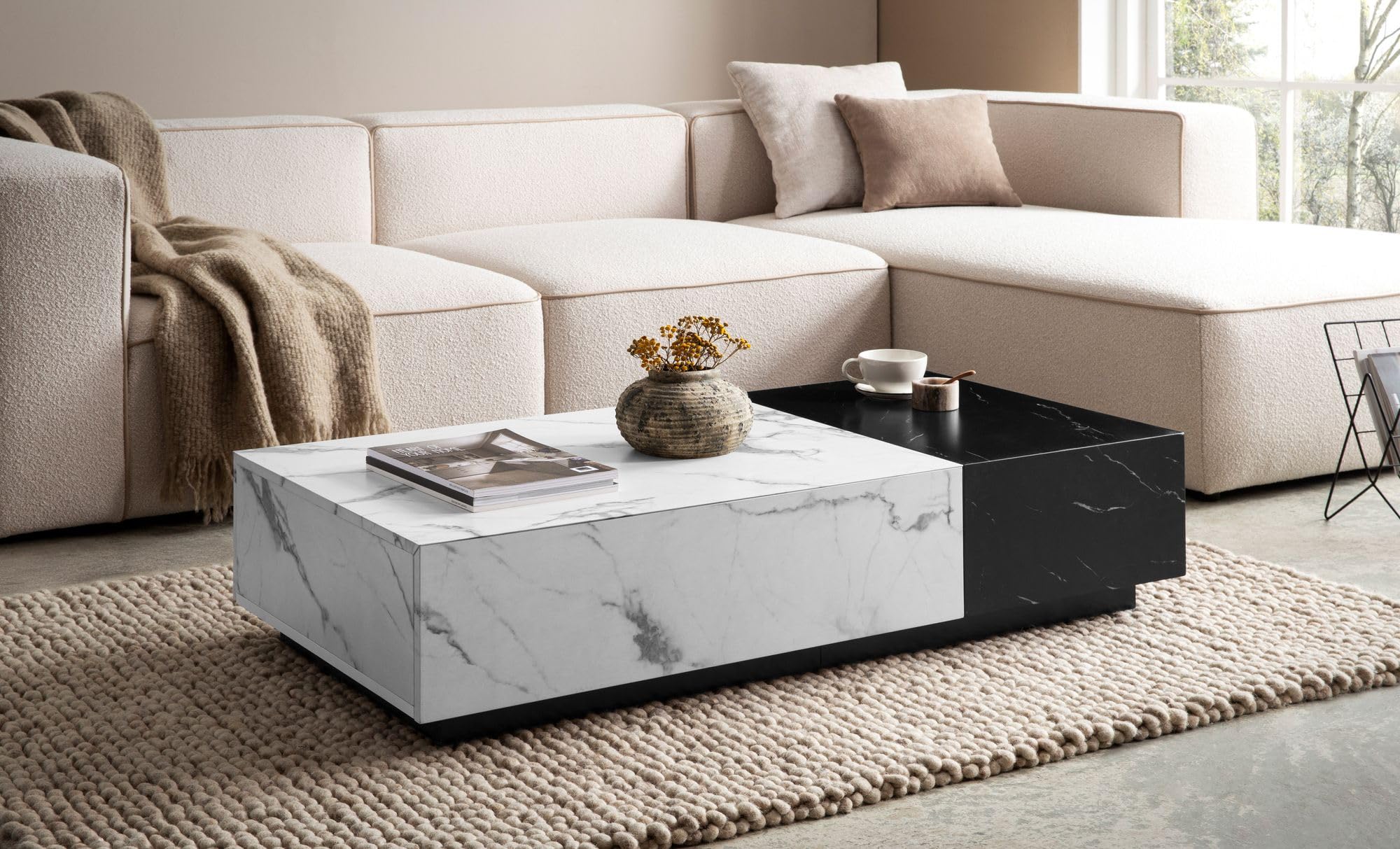 FineBuy Couchtisch 120x60x28 cm Weiß Schwarz Marmor-Optik, Schubladen