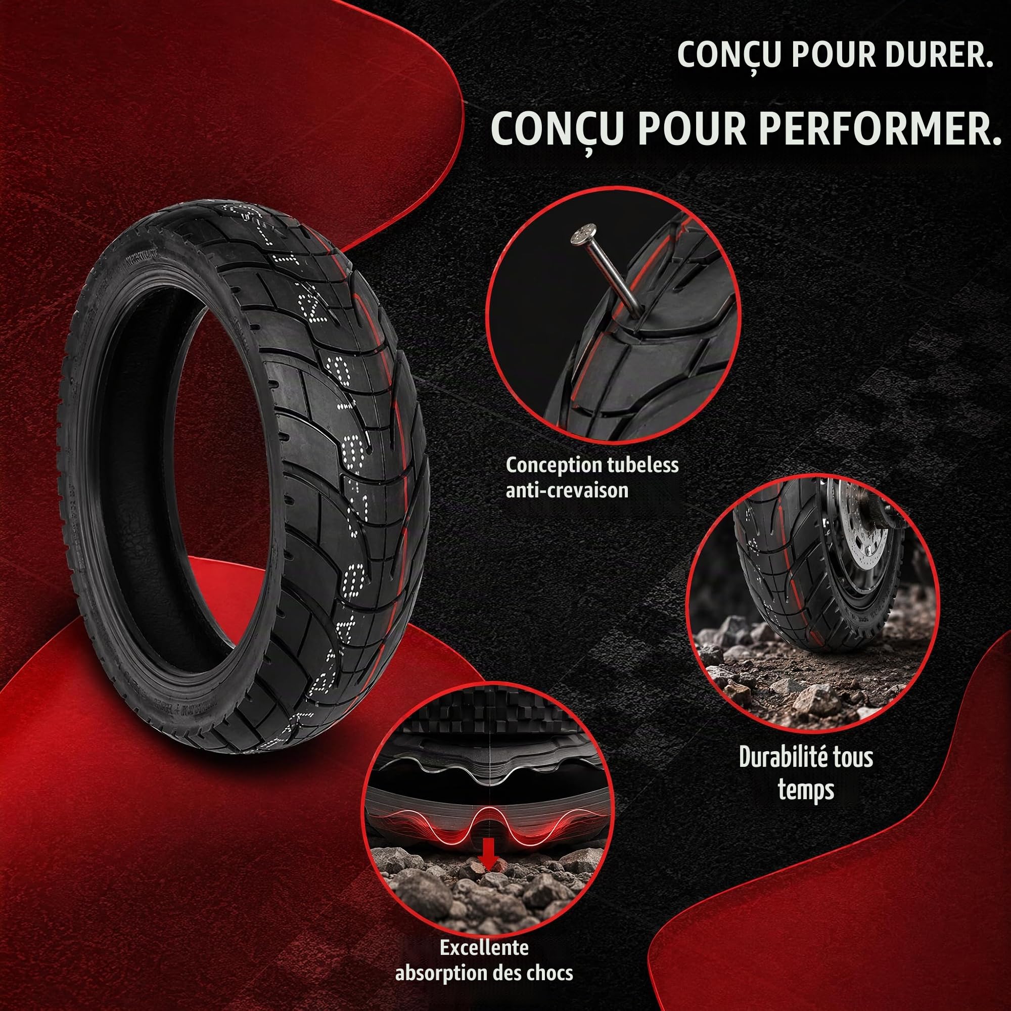 80/65-6.5 Pneu Trottinette Tubeless avec Conception Épaisse Anti-Éclatement 80/65/6.5 Résistant à l’Usure et 80 65 6.5 Antidérapant pour Trottinette Électrique – Compatible avec 255x80 10x3