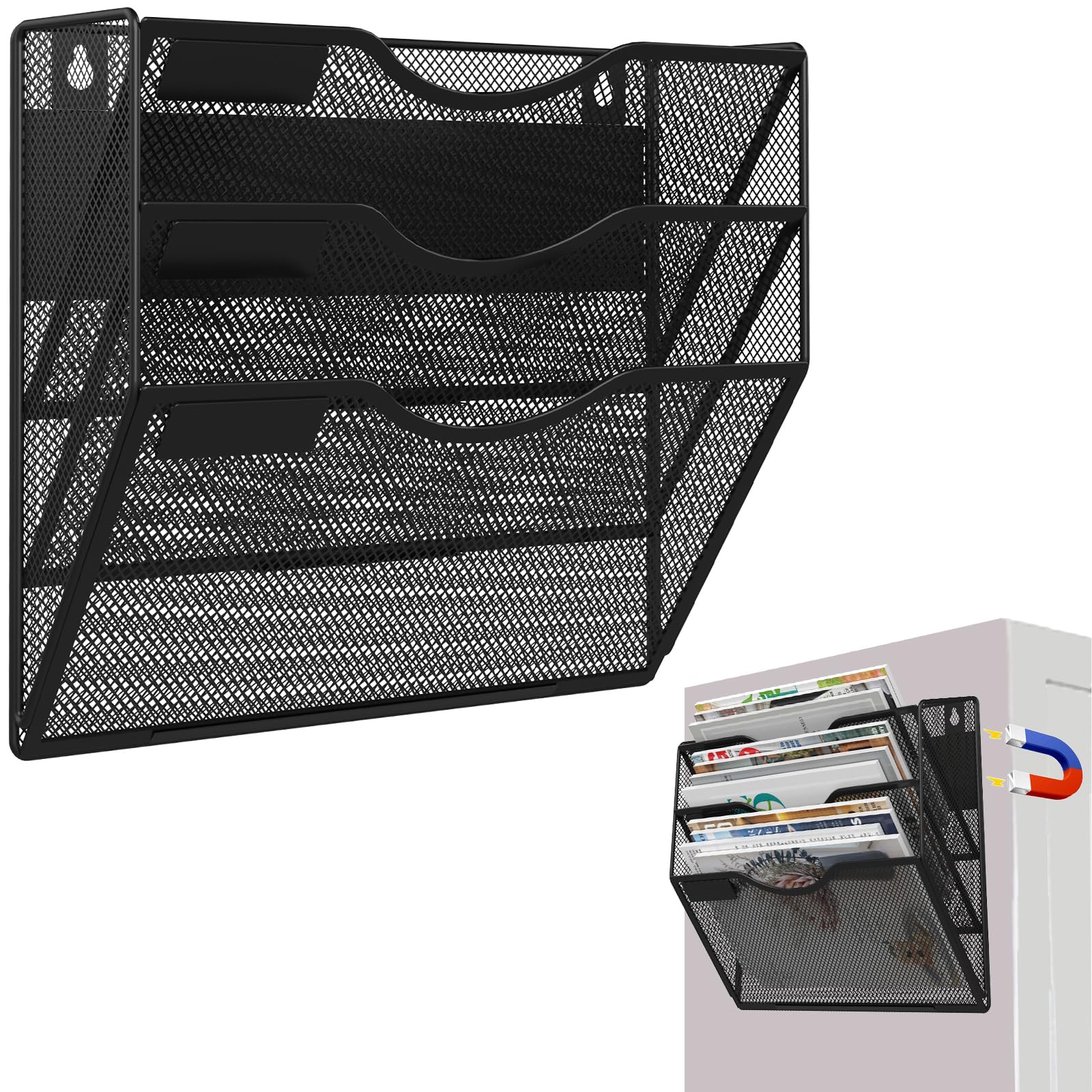 Portadocumenti magnetico a 3 livelli, senza foratura, organizer per archivio di documenti magnetico, organizer nero per riviste, porta carta magnetica per frigorifero, schedari, lavagna bianca