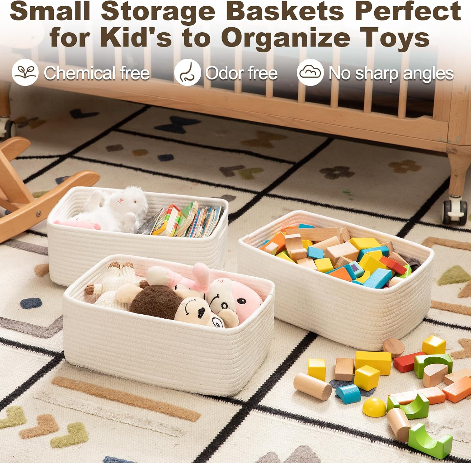 3 Pack Small Storage Baskets for Organizing, Cute Woven Decorative Gift Baskets for Shelves, Mini Closet Organizer Bins with Handles-13''Lx8.66''Wx5.11''H-White - Image 3