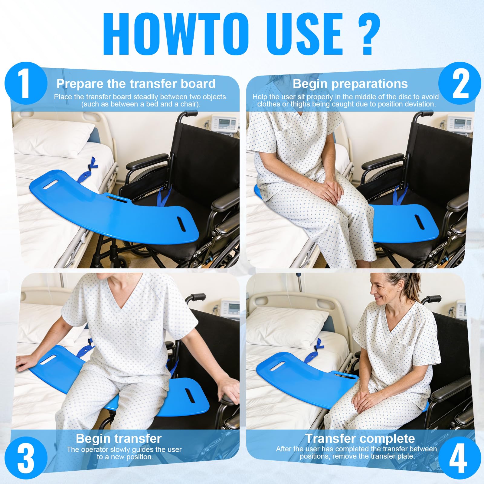 Slide Transfer Board – Transferencia de pacientes de silla de ruedas a cama, inodoro, bañera y coche – Con práctica asa (azul)