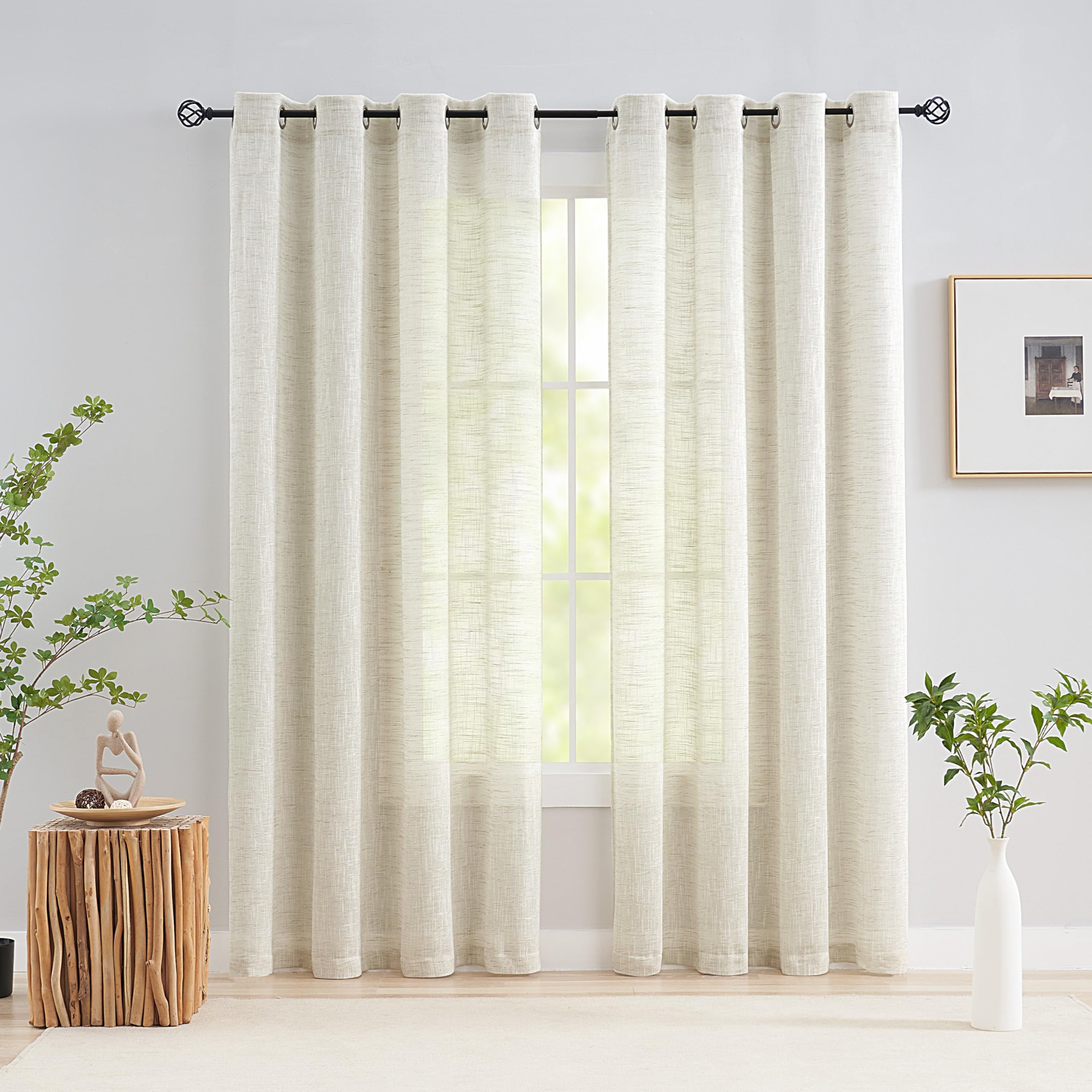 Treatmentex Durchscheinende Vorhänge für Wohnzimmer und Schlafzimmer, 2 Stück, 140 x 260 cm, Leinenstruktur, Beige, transparent, mit Ösen für Schlafzimmer
