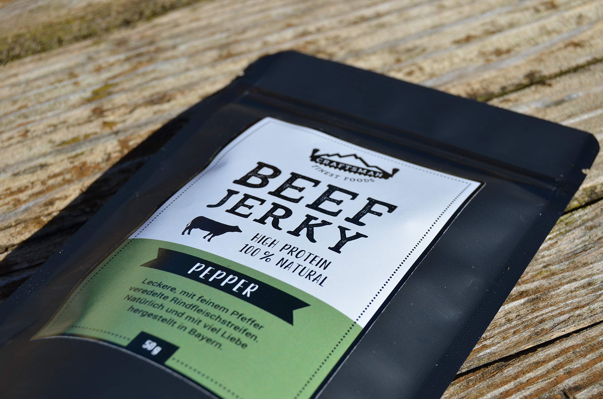 Craftsman Beef Jerky Pepper 500 g | Ohne Zucker | Aus Deutschland - Bayern | Jerky Beef Set 10 x 50g | 100% Rindfleisch | High Protein 68% | Trockenfleisch Pfeffer | 100% Natürlich