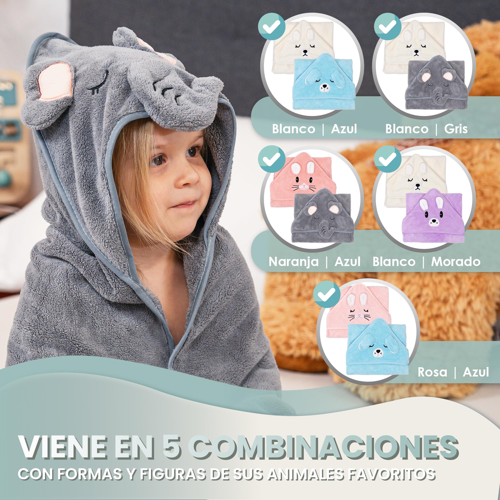 2 Unidades Toalla Bebe Recien Nacido + 1 Esponja Recien Nacido - Toallas con Capucha de Animales 0-3 años - Toalla baño - Esponja Natural - Accesorios Bebes (Blanco/Lila)