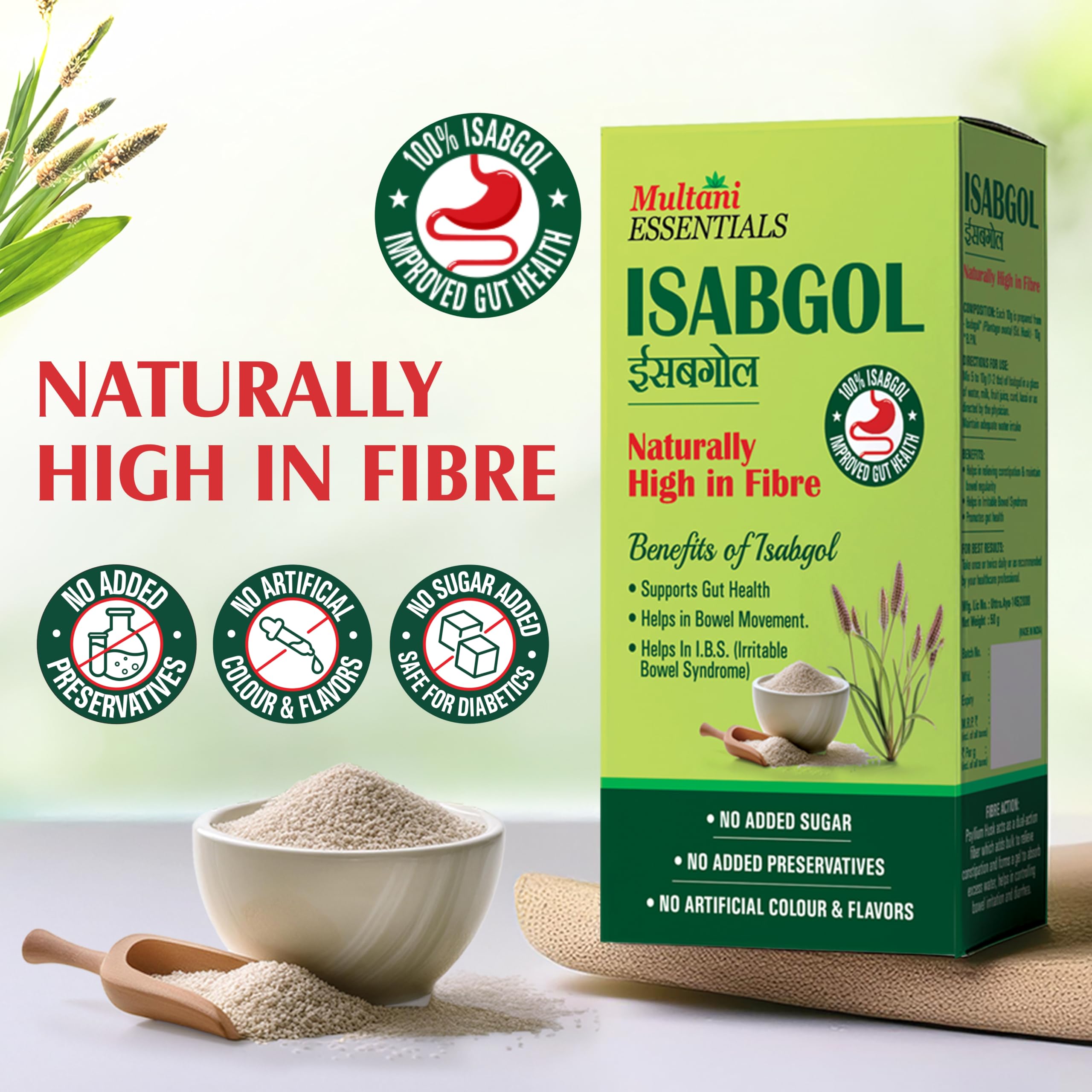 Multani Essentials Isabgol (3er Pack (100gm) | Flohsamenschalenpulver | Darmgesundheit und Reizdarmsyndrom | frei von Chemikalien | ohne Zuckerzusatz oder künstlichem Geschmack | 100% Isabgol |