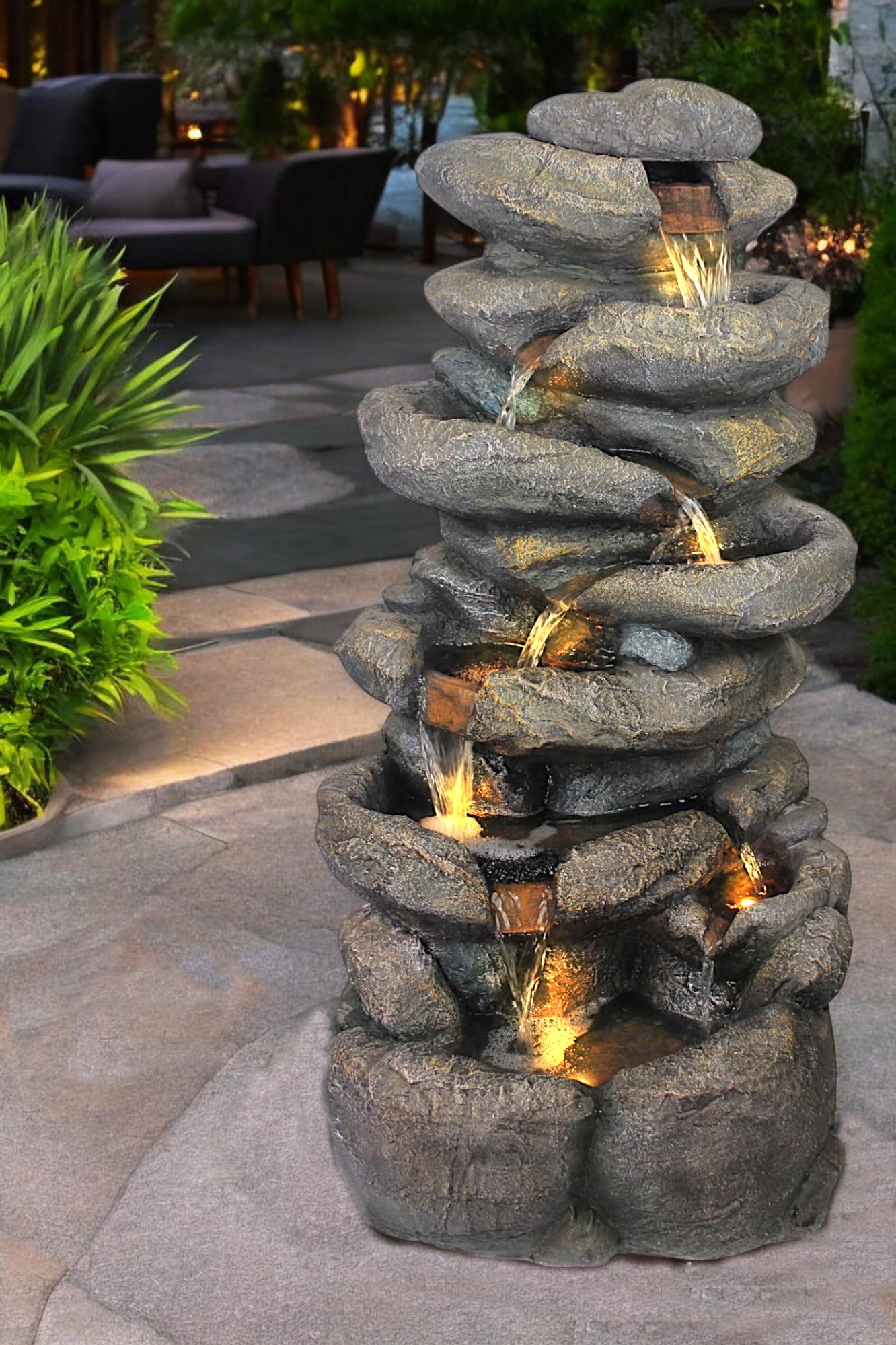 Grande Fontaine de Jardin BK902 avec éclairage LED Fontaine Cascade en Pierre Grande décoration de Jardin Aspect Pierre 100 cm