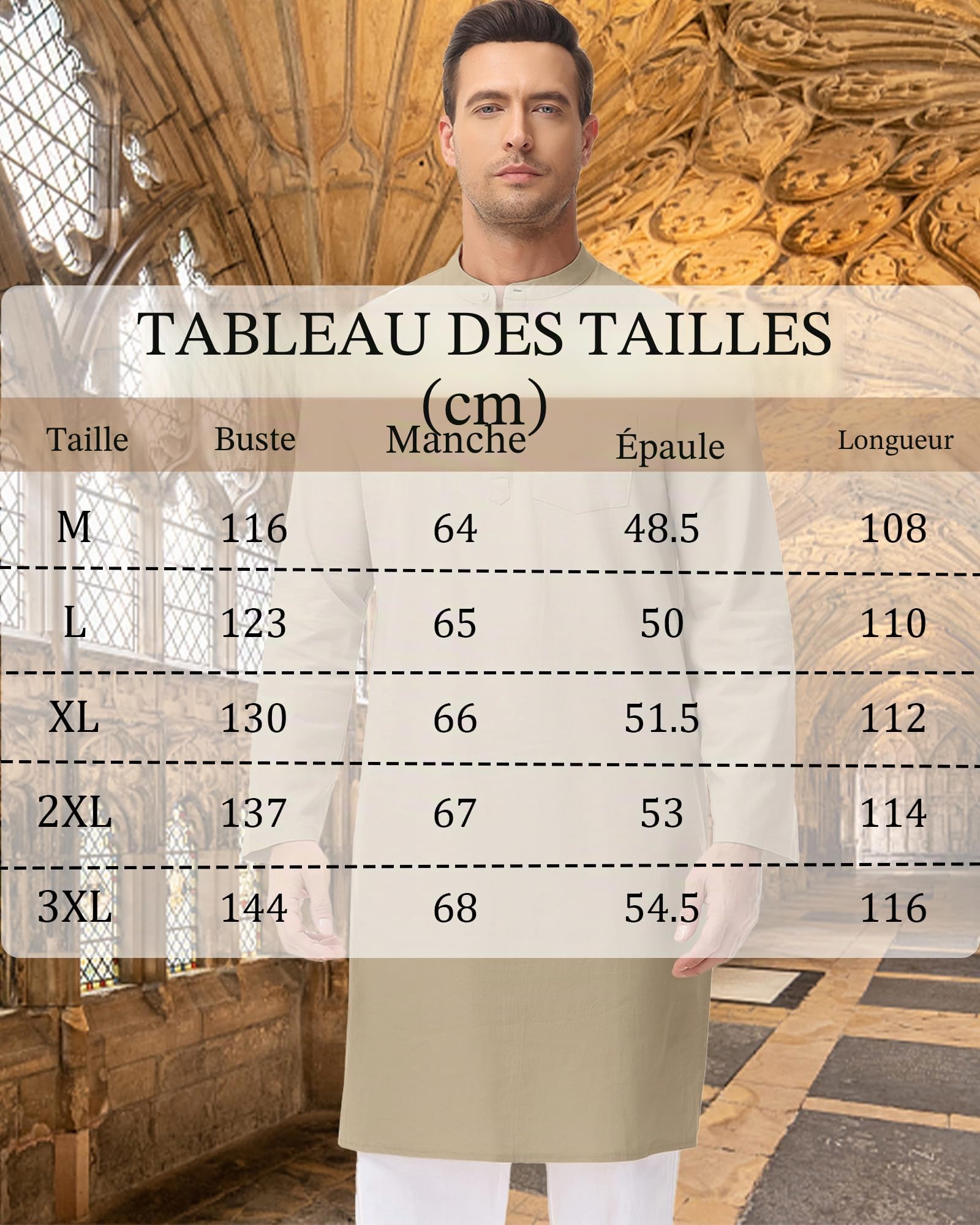 LVCBL Caftan pour Homme - Robe Musulmane - Col - Manches Longues - Boutonnière - Taille M à 3XL