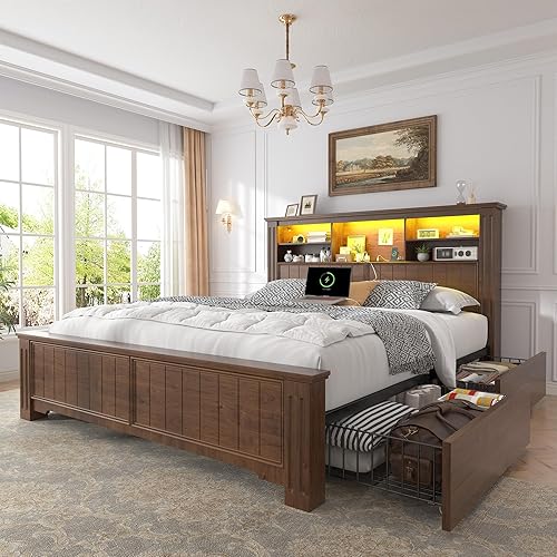 Miniatura 7 de EnHomee Marco de cama tamaño king con cabecero y almacenamiento, 4 cajones y estación de carga LED incorporada, marco de cama tamaño king con