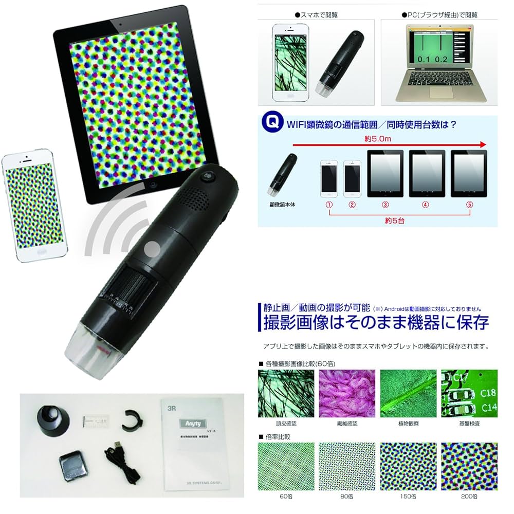 (新品)エニティ3RWi-Fiデジタル顕微鏡 WIFI接続デジタル顕微鏡（200倍） 3R-WM401WIFI | スリーアール