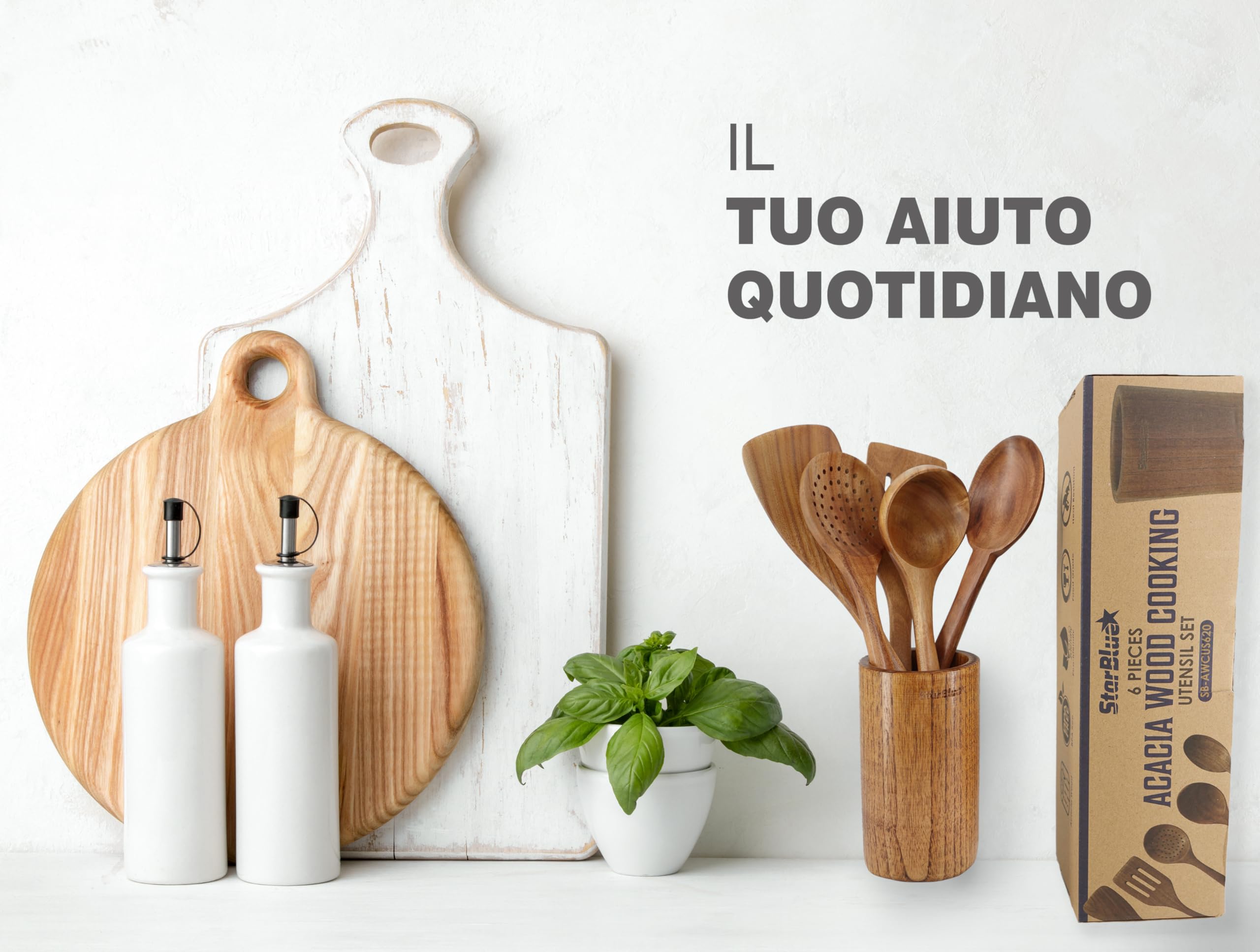 StarBlue - Set Di Utensili Da Cucina In Legno Di Acacia Da 6 Pezzi; Resistenti Spatole Antigraffio Per Pentole Antiaderenti; Set Di Spatole Ecologiche Ed Ergonomiche Con Apposito Contenitore In Legno