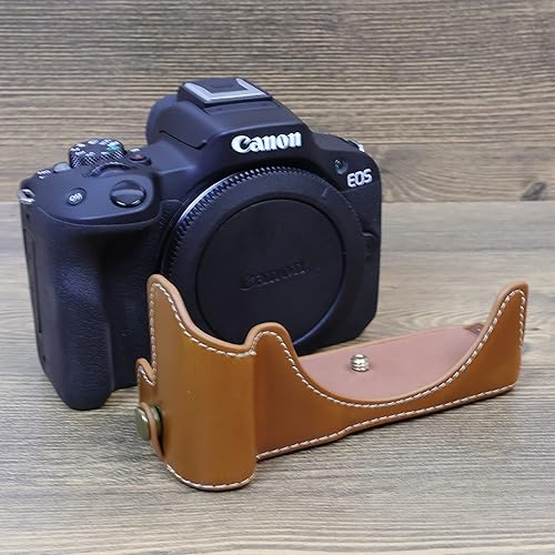 Miniatura 4 de Funda R50, hecha a mano de piel sintética para media cámara, versión de apertura inferior para Canon Eos R50 con correa de mano (marrón)