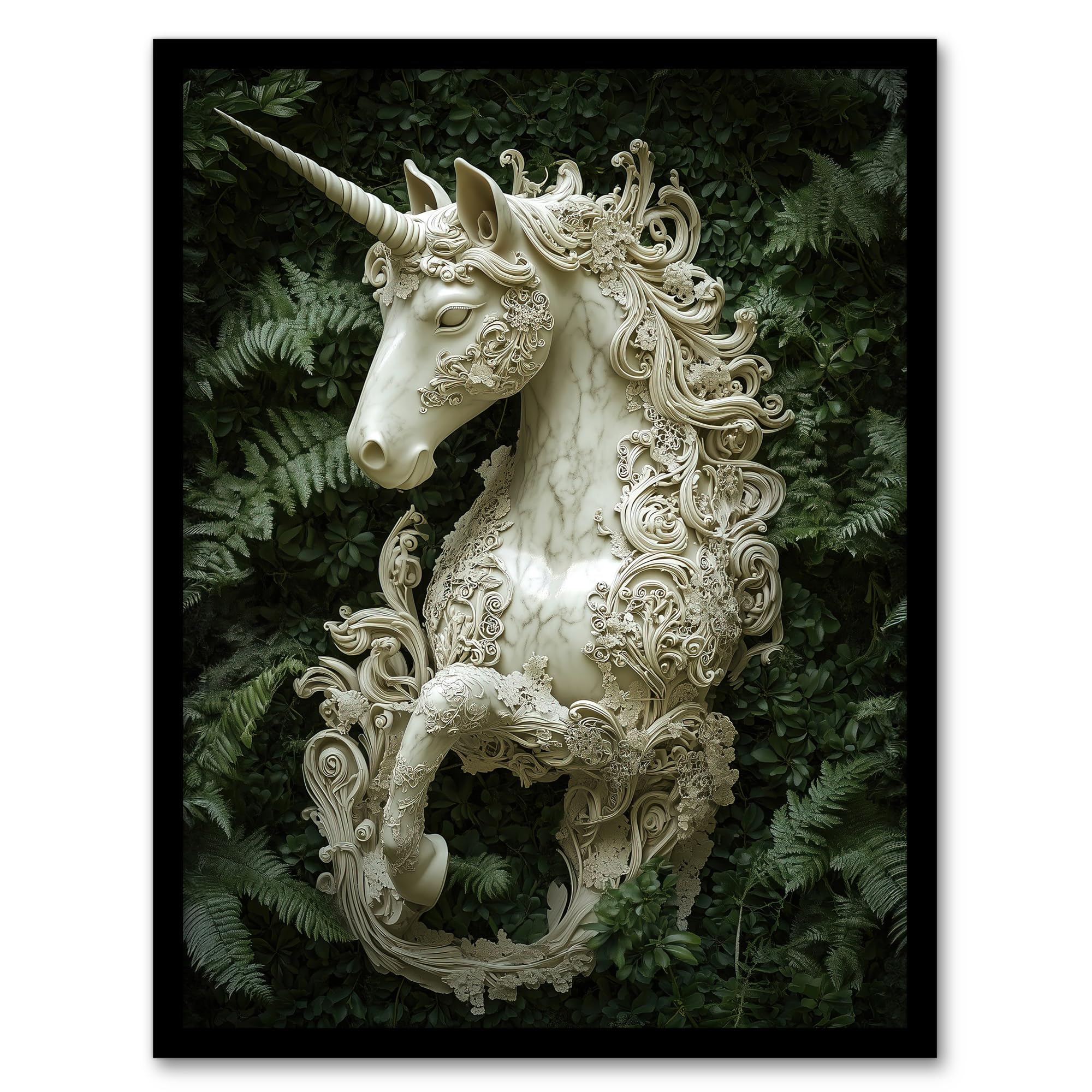Artery8 Filigree Marble Unicorn Statue Framed Art Print - Green, A4 Size
