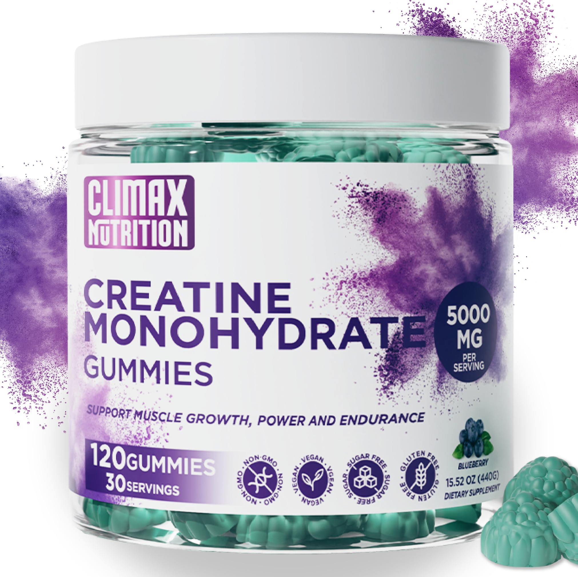 Creatine Monohydrate Gummies - Vegan, Sugar-Free, Gluten-Free - Boosts Muscle Recovery, Strength & Lean Muscle Growth - Brain Health Support - for Men & Women - Blueberry Flavor - 120 Gummies