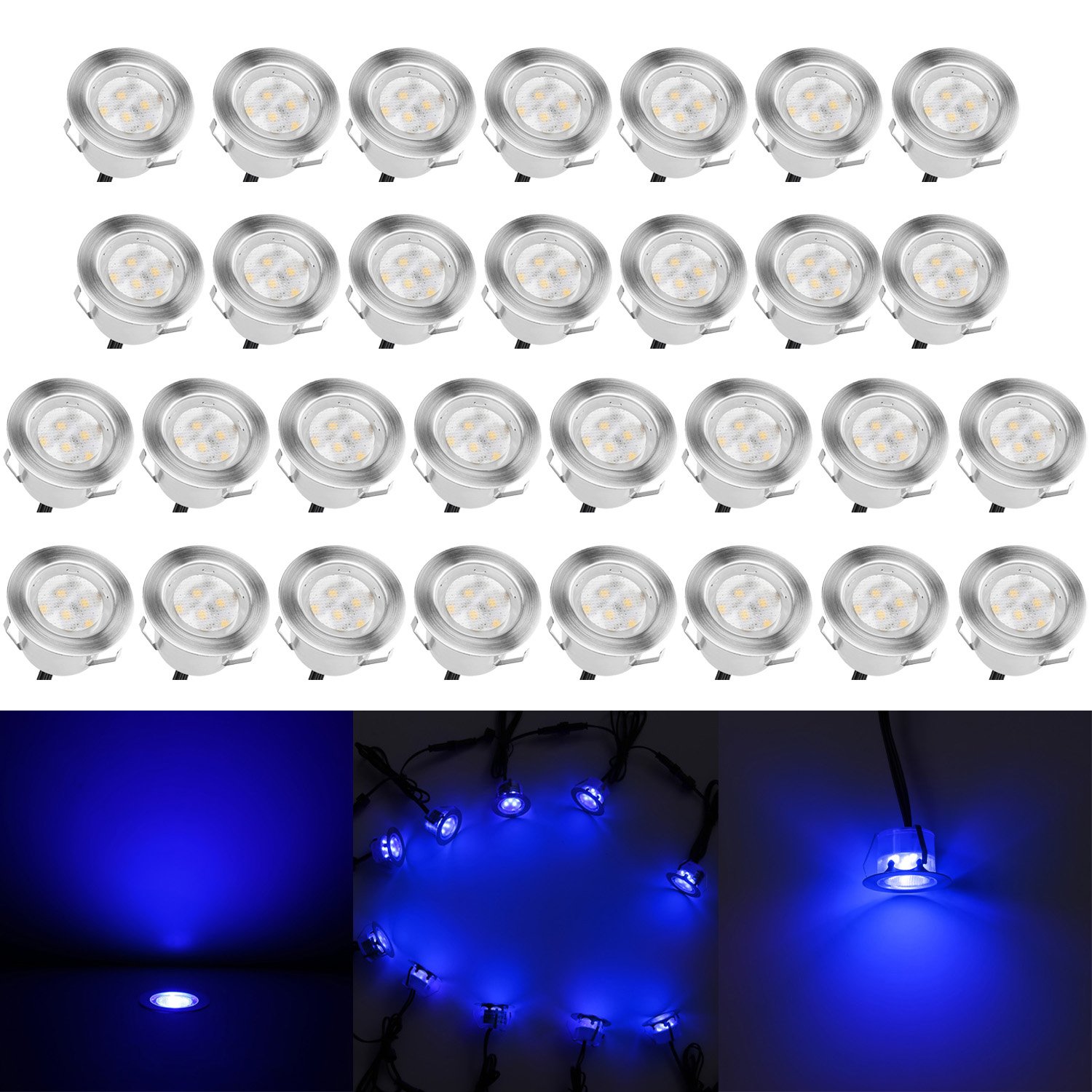 Low Voltage LED Deck Lighting Kit Stainless Steel 1W Waterproof Outdoor Yard Garden Decoration Lamps Landscape Pathway Patio Step Stairs LED In-ground Lights Silver Border(30pcs,Blue) Blue 30pcs(Silver Border)