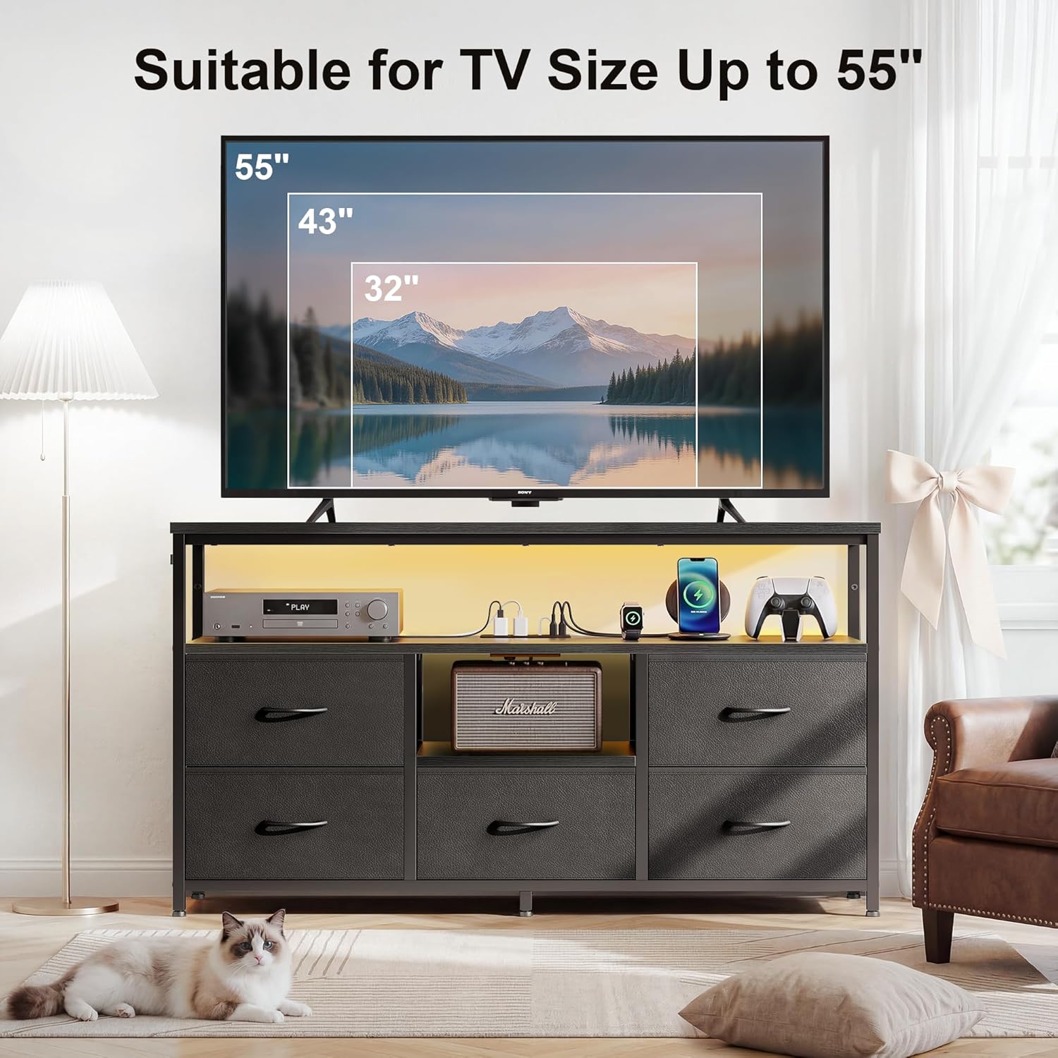 TV Stand for 55" Inch TV, Entertainment Center with LED Lights & Power Outlets, 5 Drawers Dresser for Bedroom with Open Storage Shelves, Console Table for Living Room Bedroom Hallway