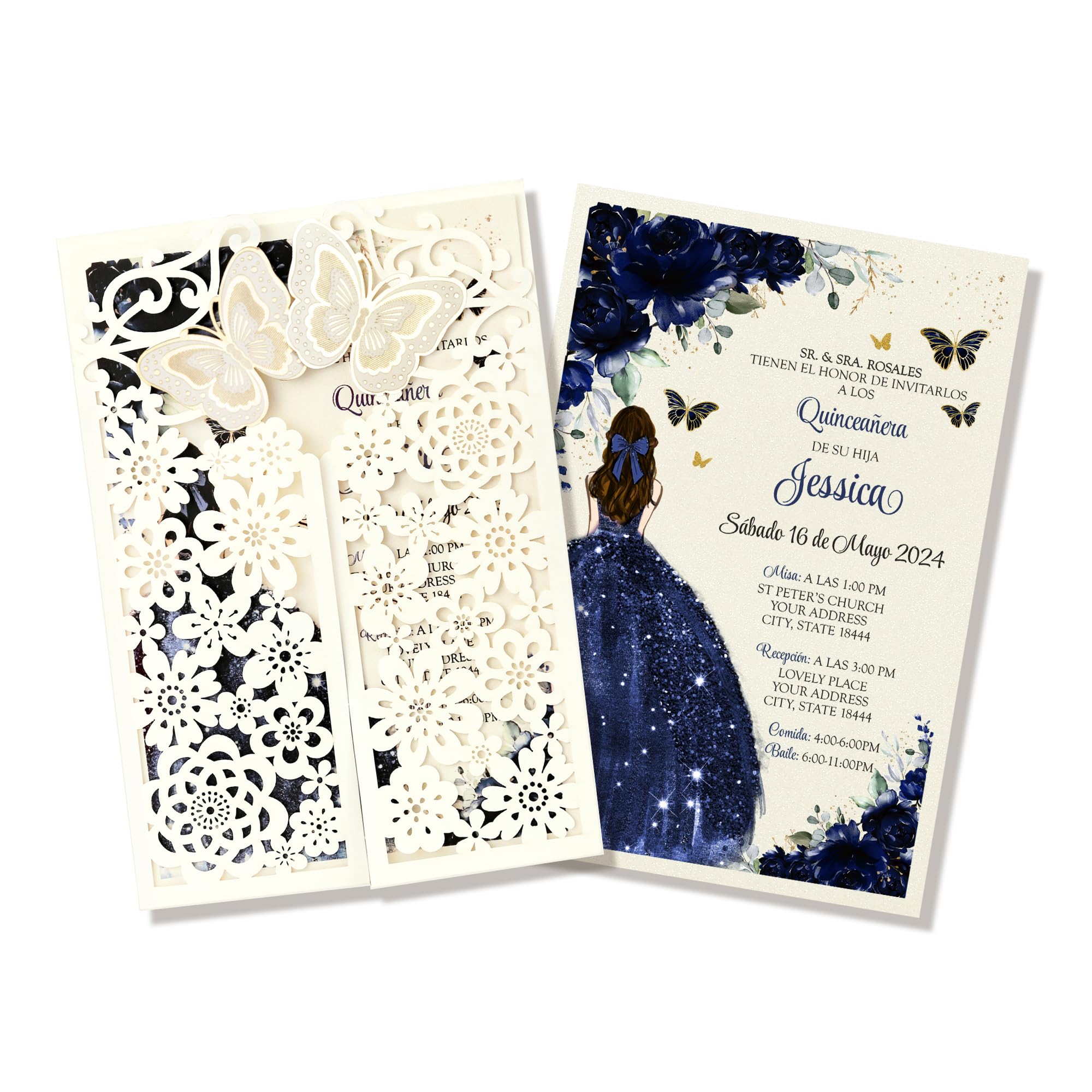 FANEYA 50Pcs Butterfly Quinceanera Invitation Navy Blue for 15 year, Sweet 16, Miss XV, Birthday Laser Cut Quince Invitation Cards Personalized Ivory