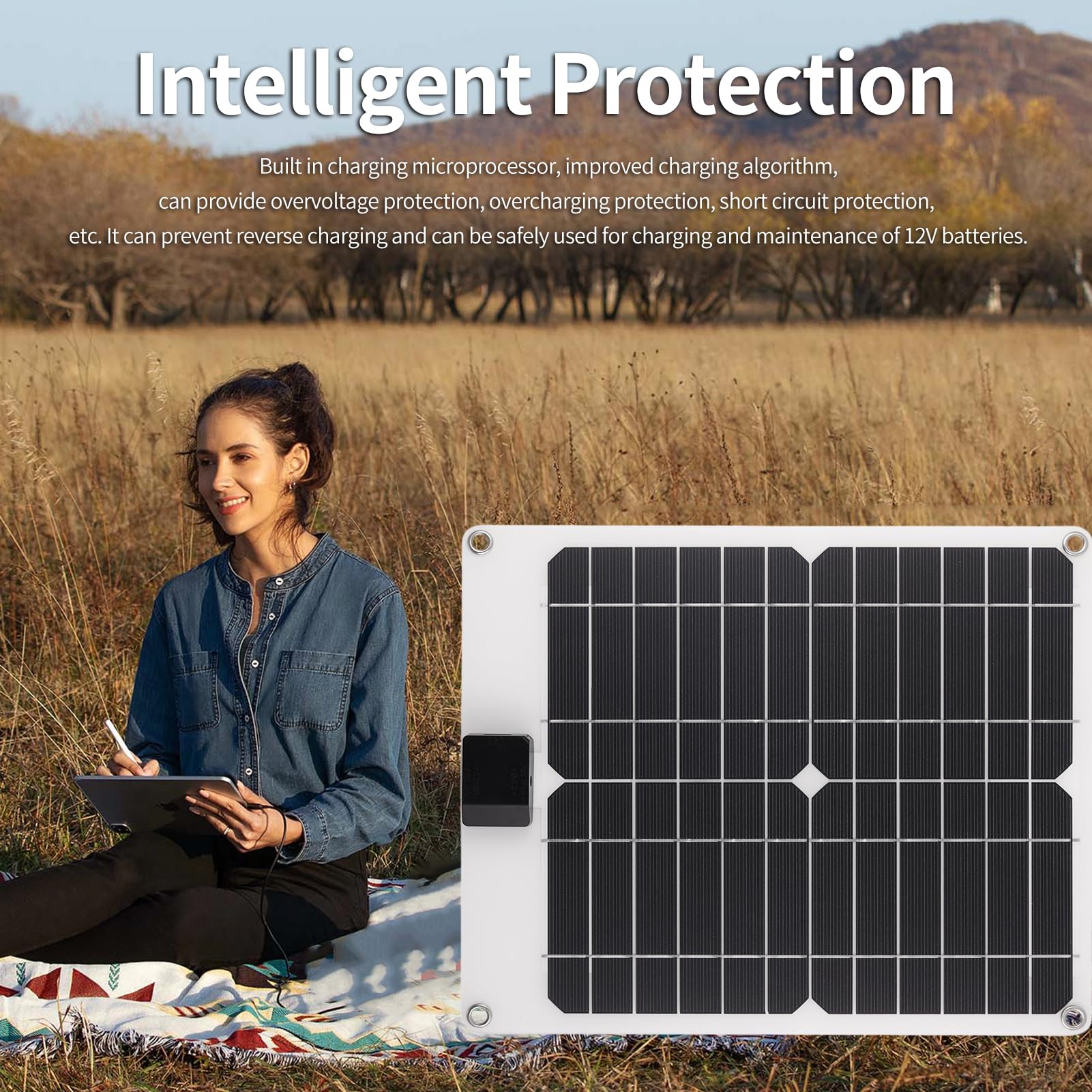 Cargador Solar de 15W*4 5V/12V con Puertos USB DC para Baterías de Coche Portátil Impermeable Mantenimiento de Batería para Automóvil RV Teléfonos Portátiles y Cámaras Deportivas