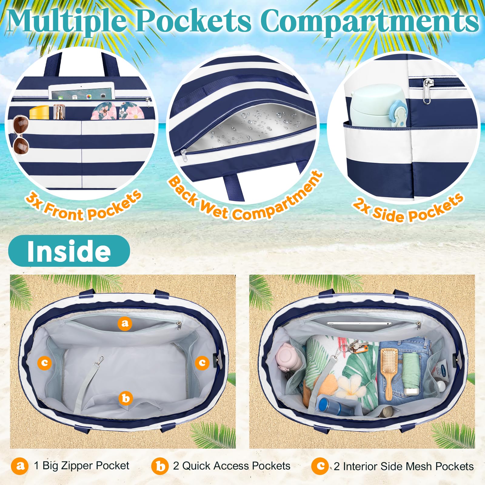 Sac de Plage Femme Imperméable, Grand Sacs Plage XXL avec Fermeture Éclair, Ete Sac de Voyage, Anti Sable Sacs de Piscine, Sac Cabas Tote Bag pour Travail Voyages Shopping 55L