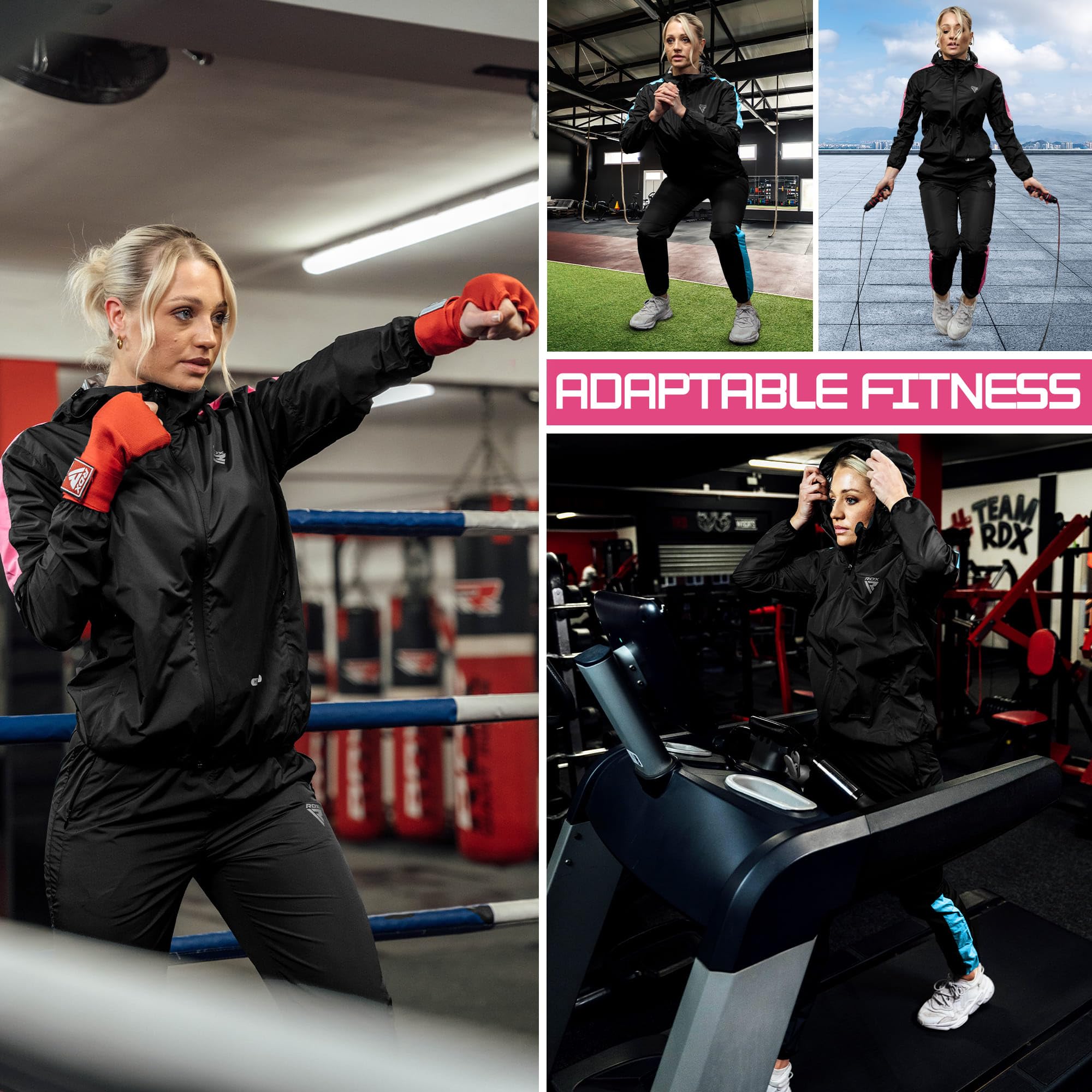 RDX Tuta Sauna Dimagrante Donna, Reach Oeko Tex 100 Certificato, Anti Rip Sudore Dimagranti Tute Cappuccio, Tuta per Sudare Tuta Termica Sports Boxe MMA Palestra Allenamento Top Pantaloni Set