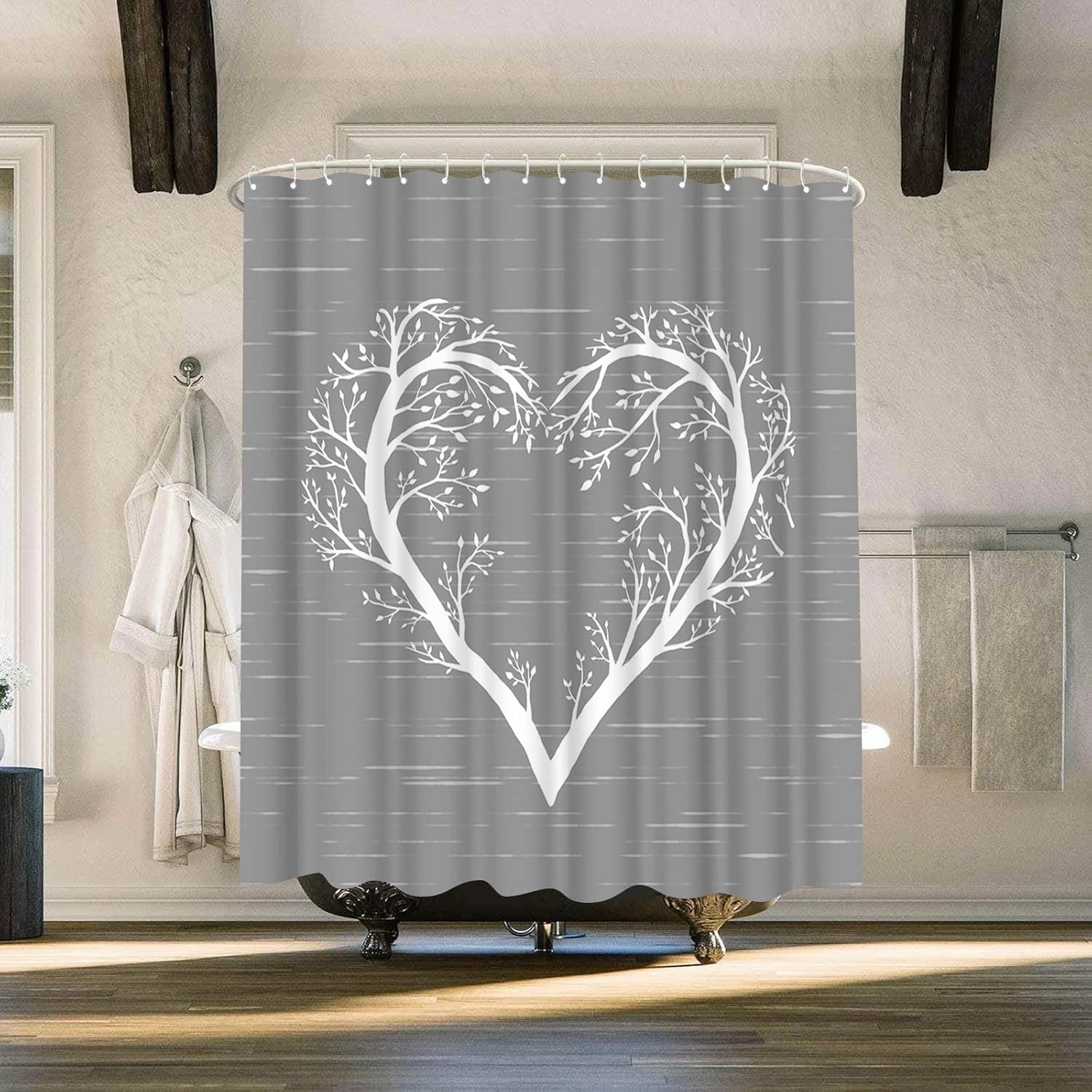 Tree of Life Shower Curtain Love Heart Bathroom Curtain Grey Bathroom Decor Valentine Home Decoration with Hooks 72"x72"